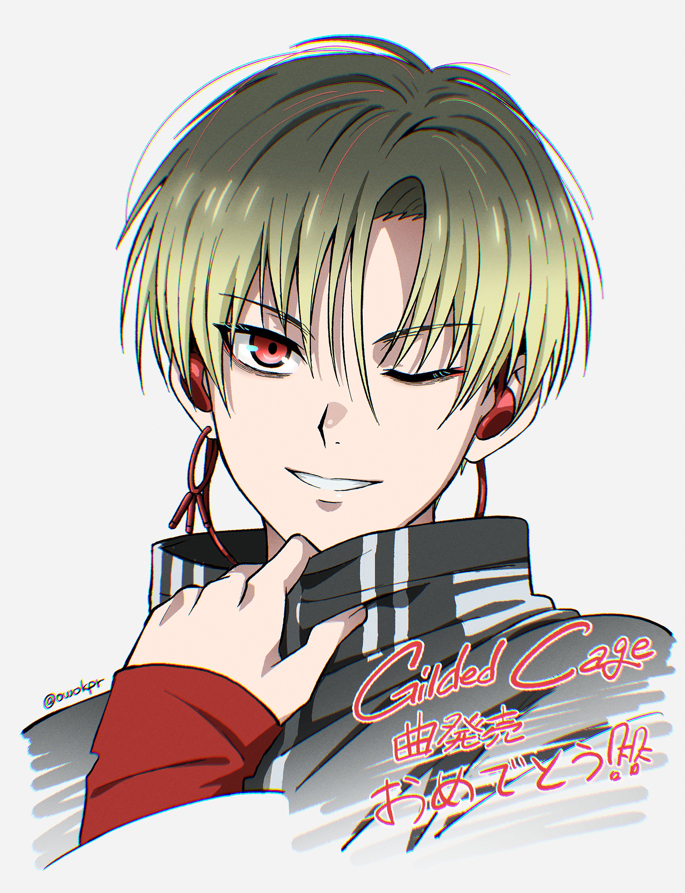 pretty rhythm, pretty series, absurdres, commentary request, highres, translation request, 1boy, black jacket, blonde hair, chii (owokpr), earrings, gradient hair, grey background, hair between eyes, hand up, high collar, jacket, jewelry, kannazuki ai, king of prism, long sleeves, looking at viewer, male focus, multicolored hair, one eye closed, parted bangs, red eyes, short hair, smile, solo, twitter username, upper body