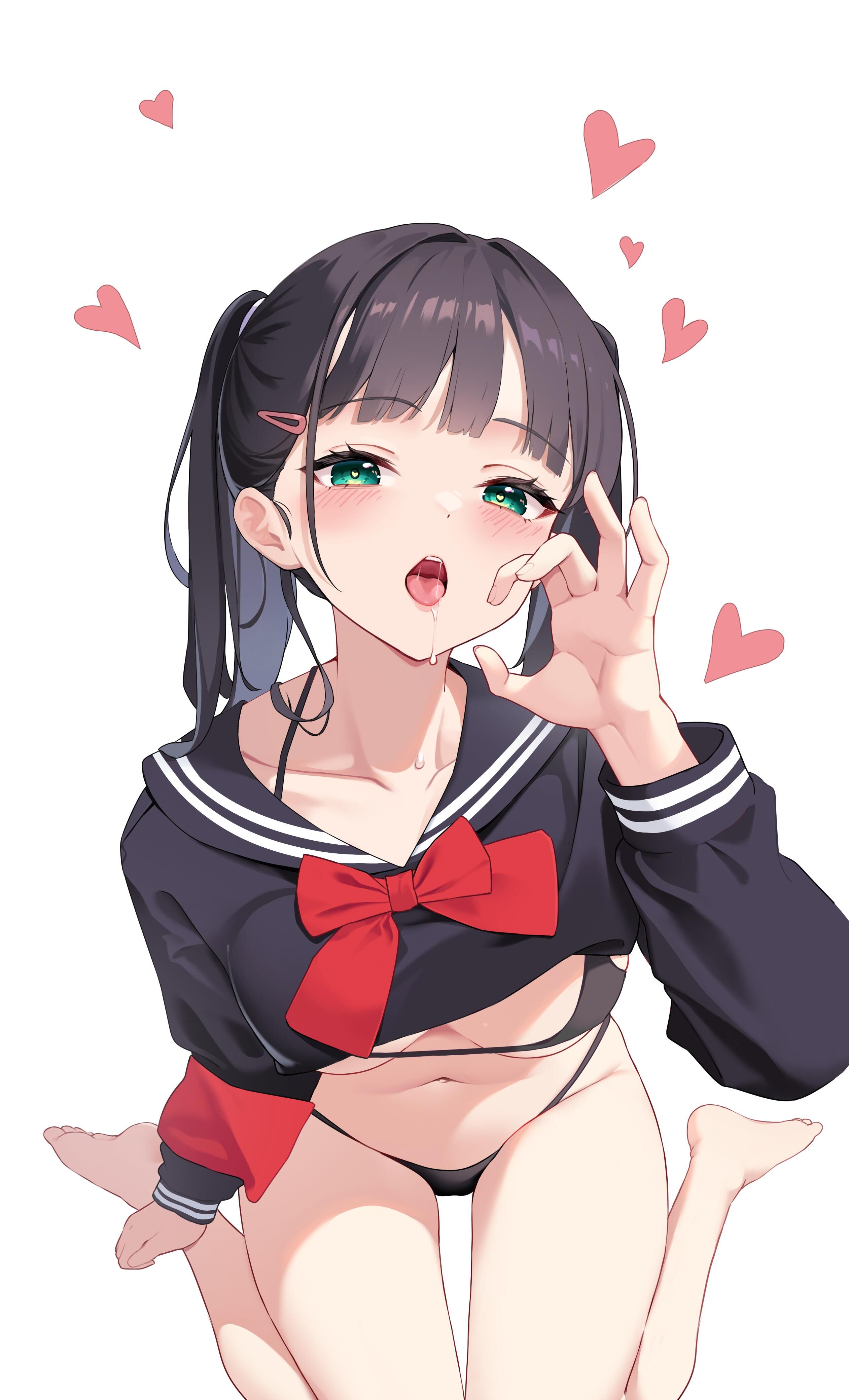 kuangkuangti, original, absurdres, chinese commentary, commentary, highres, 1girl, bare legs, barefoot, bikini, black bikini, black hair, black sailor collar, black shirt, bow, bowtie, breasts, collarbone, crop top, drooling, fellatio gesture, green eyes, hair ornament, hairclip, halterneck, hand up, heart, heart-shaped pupils, long hair, long sleeves, looking at viewer, medium breasts, no pants, open mouth, sailor collar, shirt, sitting, solo, string bikini, swimsuit, symbol-shaped pupils, thighs, twintails, wariza