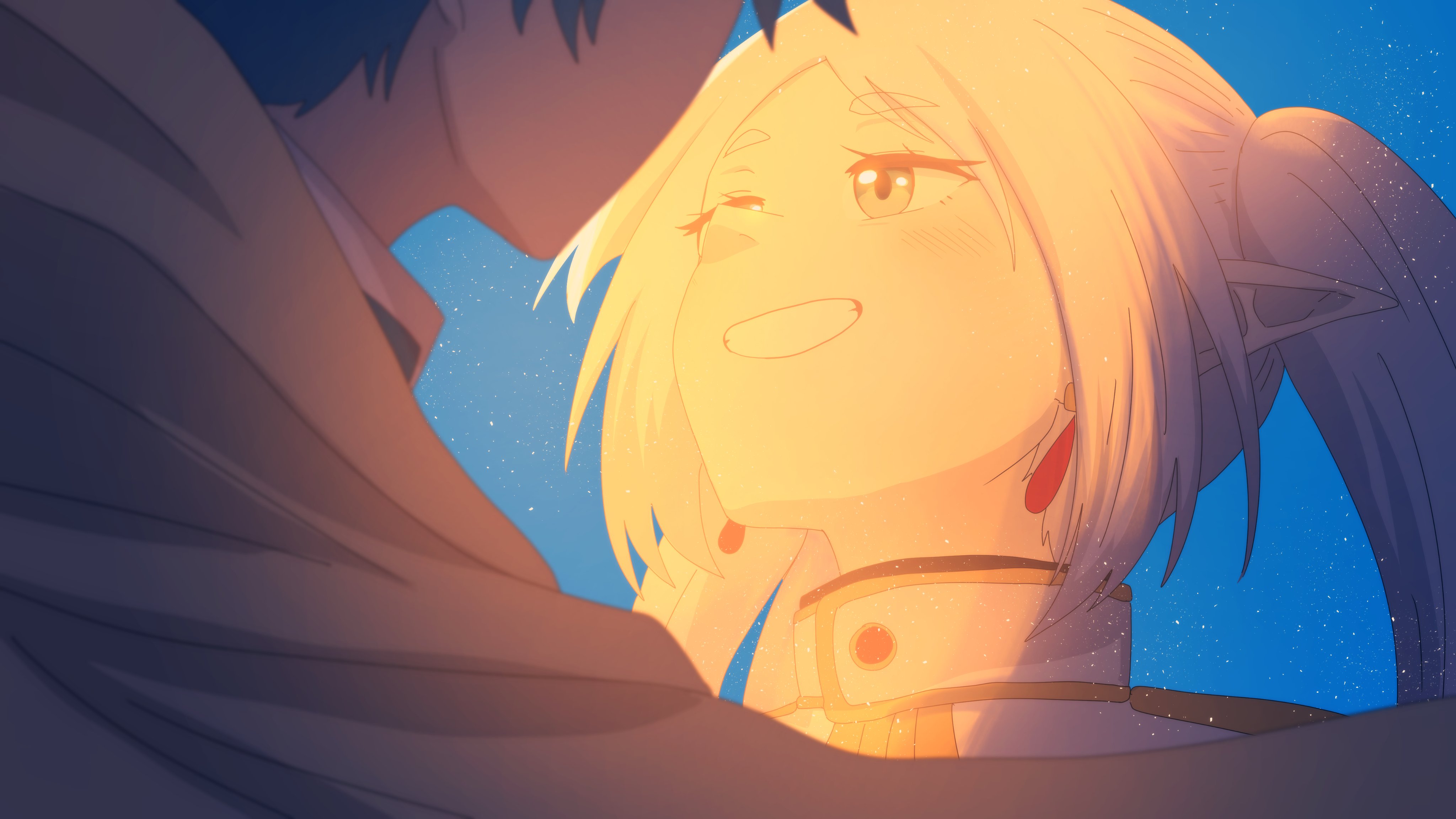 yin midnight, frieren, himmel (sousou no frieren), sousou no frieren, absurdres, highres, 1boy, 1girl, blue hair, blue sky, blush, cape, capelet, earrings, grey hair, grin, jewelry, long hair, meme, pointy ears, short hair, sky, smile, teeth, twintails, upward angle frieren drawing (meme), white cape, white capelet