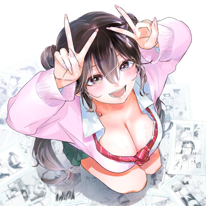 kabaya yumiko, miyamoto niina, kakunaru ue wa, commentary request, 1girl, breasts, brown eyes, brown hair, cardigan, cleavage, collared shirt, double bun, double v, from above, green skirt, hair between eyes, hair bun, hands up, large breasts, long hair, long sleeves, looking at viewer, necktie, open mouth, paper, pink cardigan, red necktie, school uniform, shirt, skirt, smile, solo, squatting, twintails, v, white background, white shirt