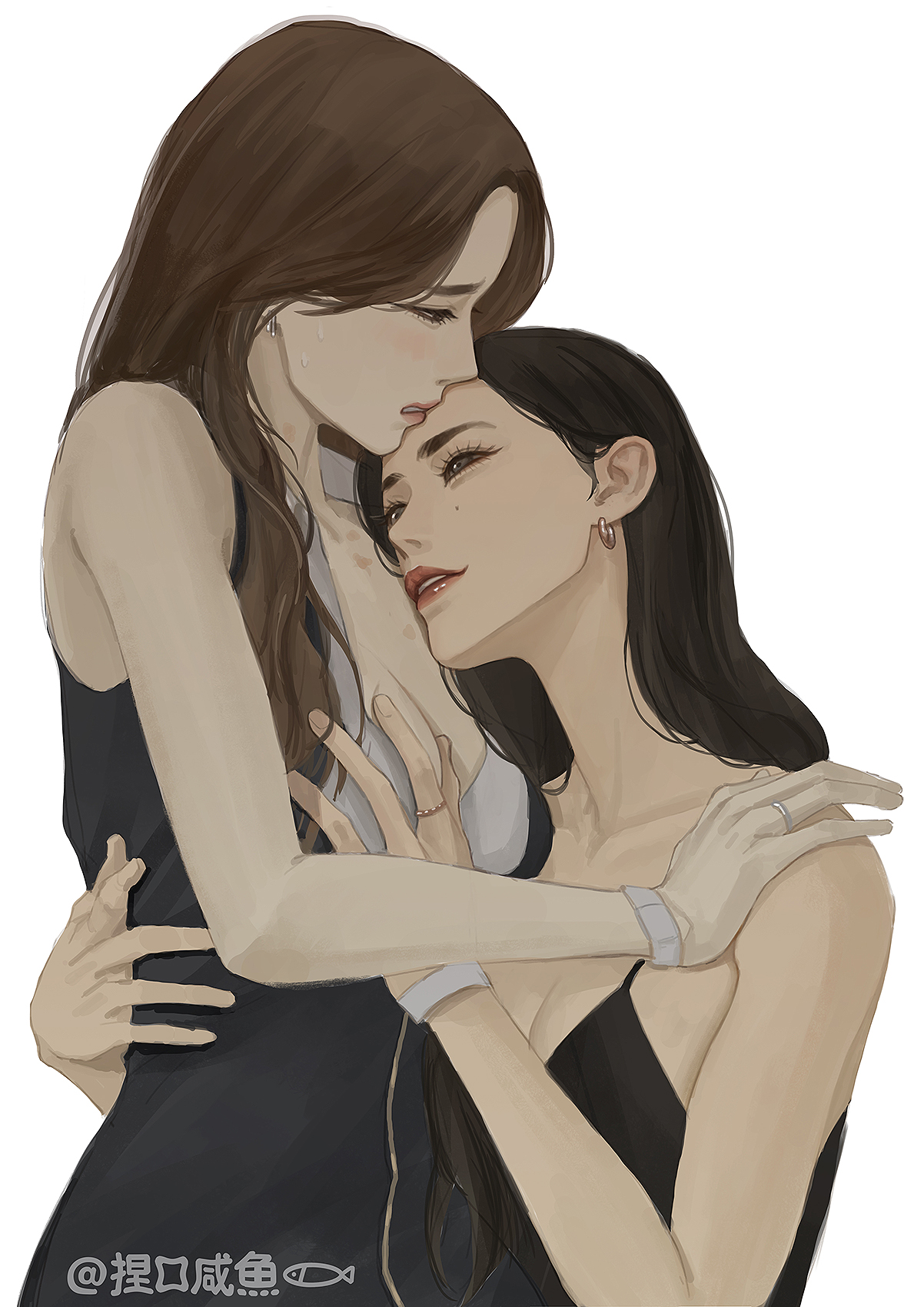 commentary, english commentary, highres, 2girls, artist name, black dress, black hair, bra, bracelet, brown hair, dress, earrings, grabbing another's breast, grey eyes, groping, hand on another's waist, hickey, jewelry, long hair, mole, mole under eye, multiple girls, niekoufish, only you (thai tv), parted lips, ring, simple background, underwear, white background, white bra, yuri