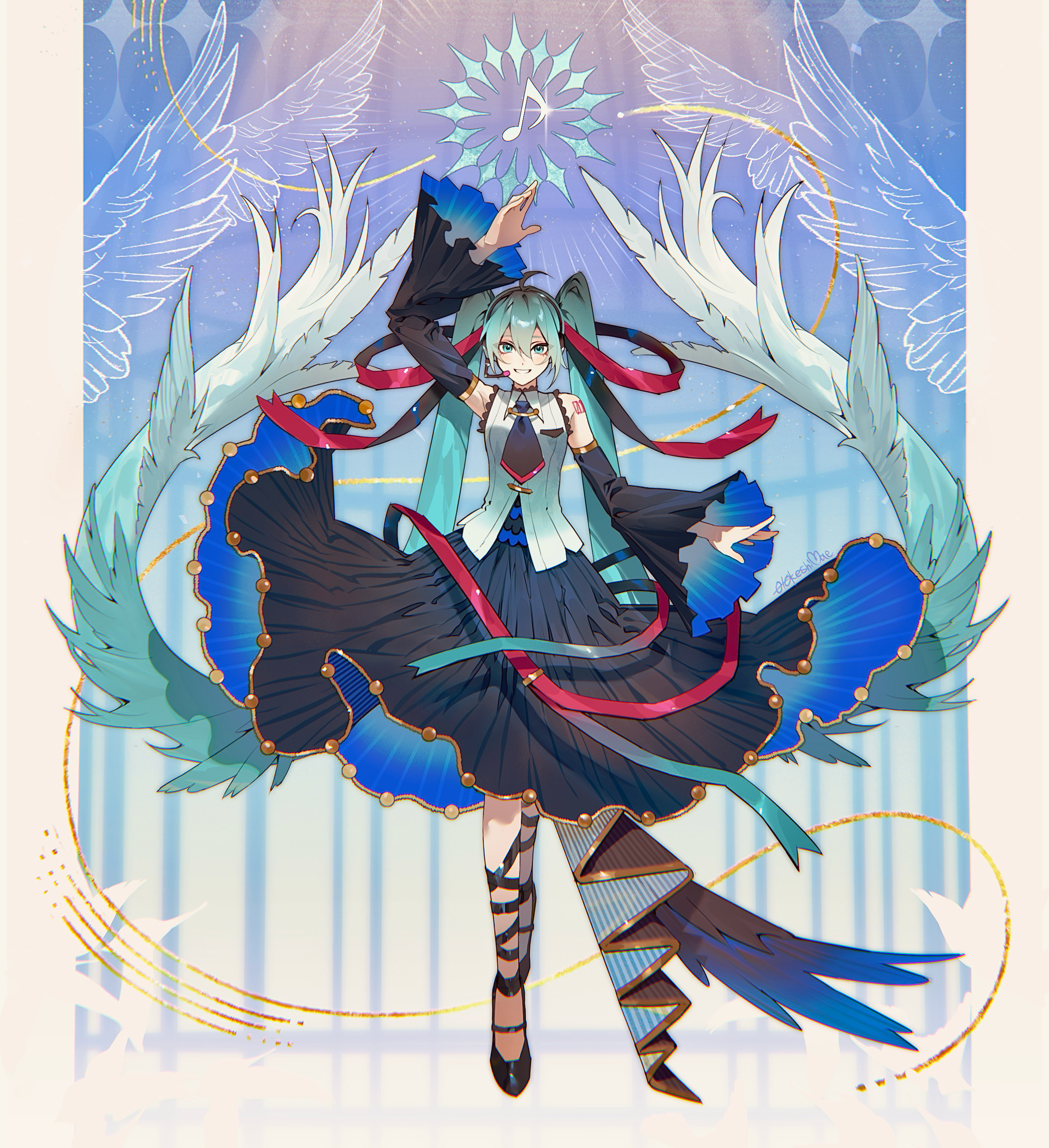 takahashi suika, hatsune miku, vocaloid, absurdres, highres, 1girl, absurdly long hair, ahoge, aqua eyes, aqua hair, arm tattoo, arm up, black necktie, black skirt, black sleeves, collared shirt, full body, hair between eyes, hair ornament, headset, high heels, long hair, long skirt, long sleeves, looking at viewer, miku day, musical note, necktie, number tattoo, shirt, skirt, sleeveless, sleeveless shirt, solo, tattoo, teeth, twintails, very long hair, white shirt
