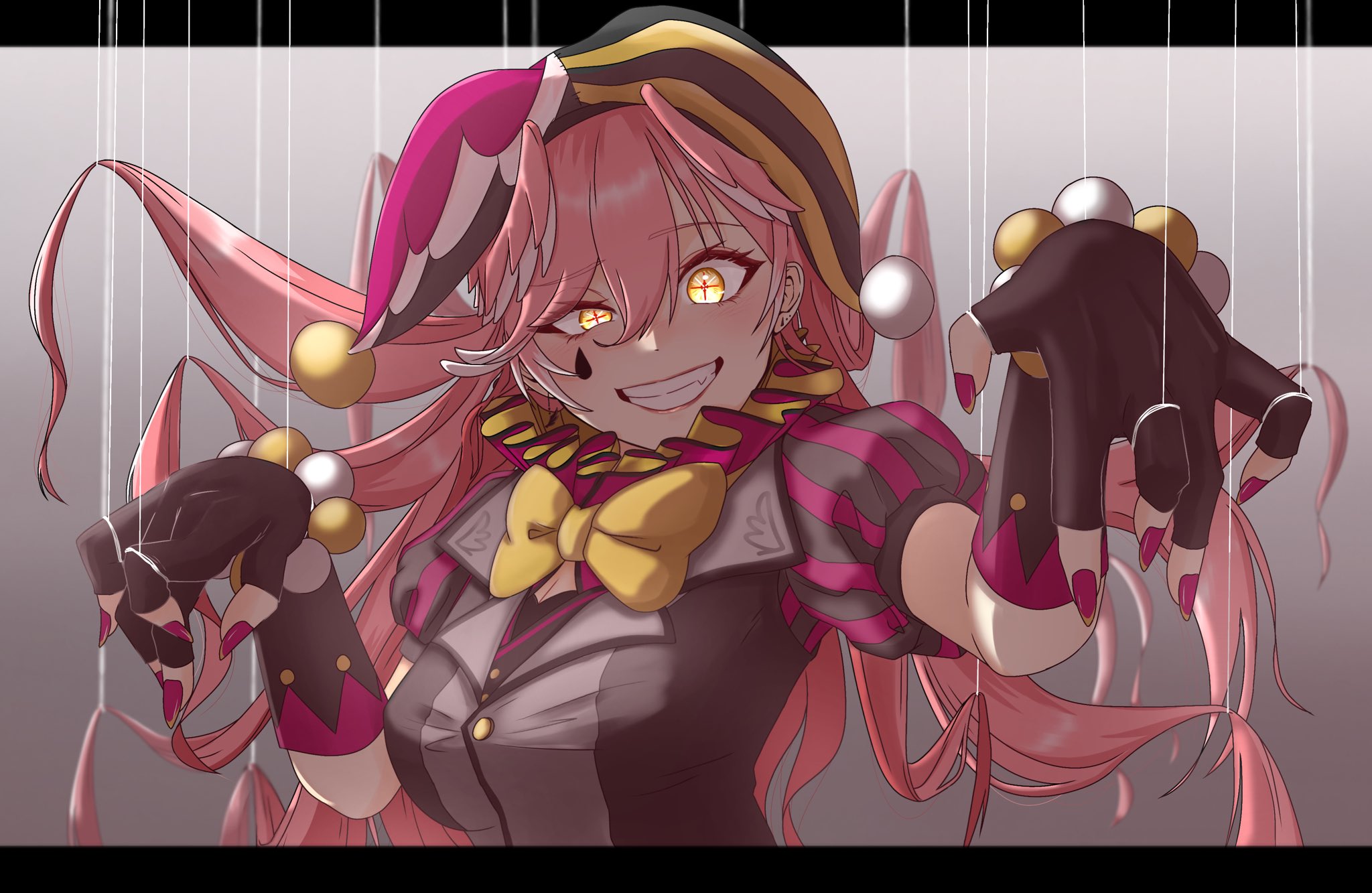 ringo 21 a, takane lui, hololive, commentary, english commentary, highres, 1girl, alternate costume, alternate hair length, alternate hairstyle, black dress, black gloves, bow, bowtie, breasts, cross-shaped pupils, dress, fang, fingerless gloves, fingernails, gloves, grey background, grin, hair between eyes, hands up, hat, head wings, jester cap, jester costume, large breasts, long hair, looking at viewer, nail polish, pink hair, pink nails, smile, solo, string, symbol-shaped pupils, teardrop facial mark, uneven eyes, upper body, virtual youtuber, wings, yellow bow, yellow bowtie, yellow eyes