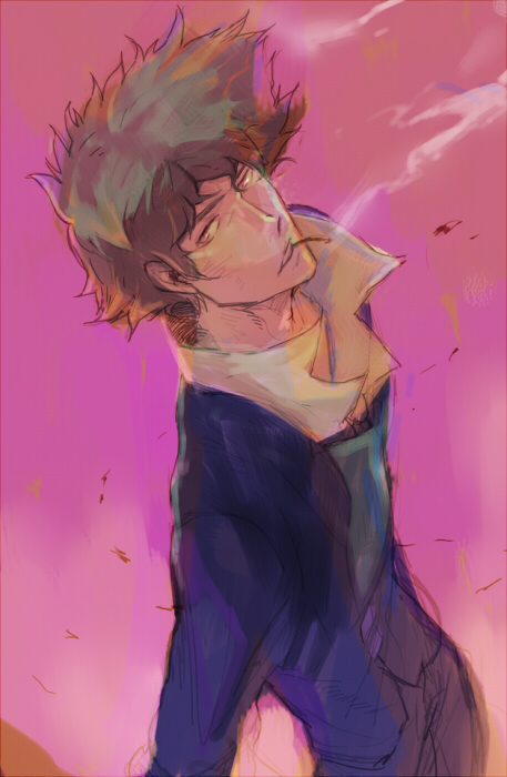 suka k, spike spiegel, cowboy bebop, traditional media, 1990s (style), 1boy, cigarette, closed eyes, gradient background, male focus, retro artstyle, smoke, smoking, solo, wind