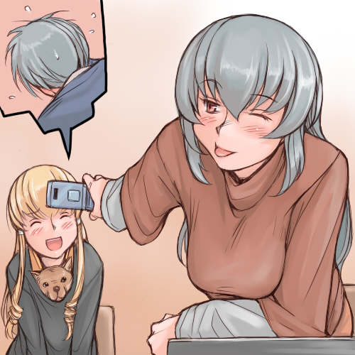 tsuda nanafushi, shinku, suigintou, rozen maiden, silver hair, lowres, 00s, 1boy, 2girls, :p, aged up, blonde hair, breasts, casual, cellphone, dog, large breasts, multiple girls, one eye closed, phone, tongue, tongue out, wink