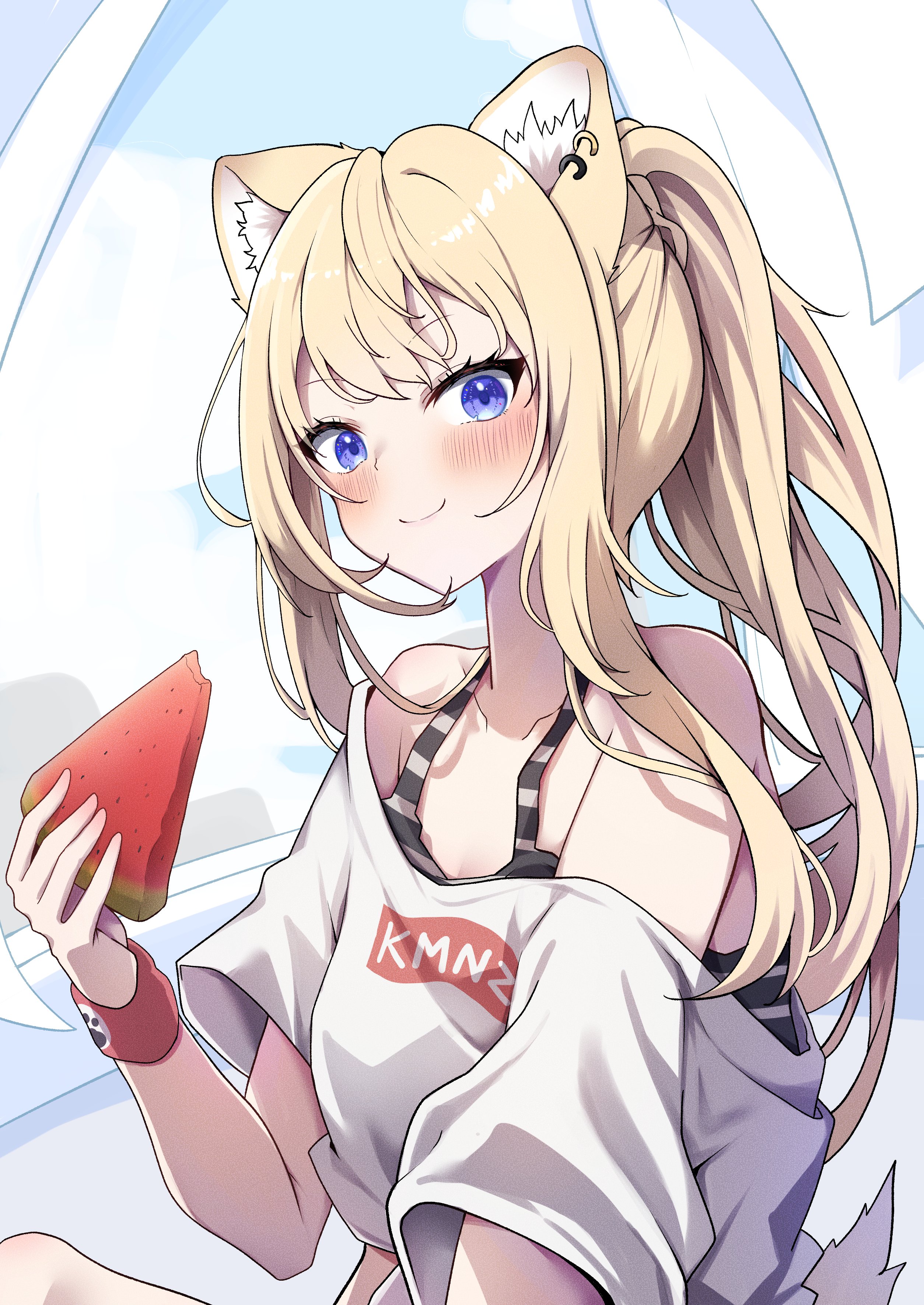 4m4t0 0321, lita (kmnz), kmnz, absurdres, commentary request, highres, 1girl, animal ear fluff, animal ear piercing, animal ears, black tank top, blonde hair, blue eyes, blush, closed mouth, dog ears, dog girl, dog tail, food, fruit, hand up, holding, holding food, long hair, looking at viewer, off shoulder, ponytail, shirt, short sleeves, smile, solo, striped tank top, t-shirt, tail, tank top, virtual youtuber, watermelon, watermelon slice, white shirt
