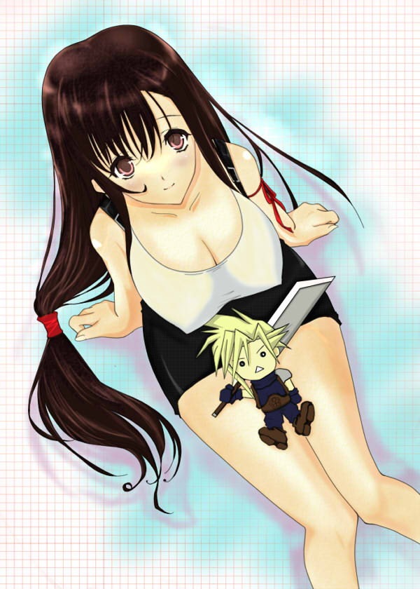 modern afro, cloud strife, tifa lockhart, final fantasy, final fantasy vii, bad id, bad pixiv id, 1990s (style), 1girl, breasts, brown hair, character doll, chibi, cleavage, covered erect nipples, doll, female focus, grid, huge breasts, long hair, looking up, low-tied long hair, retro artstyle, shirt, solo, taut clothes, taut shirt
