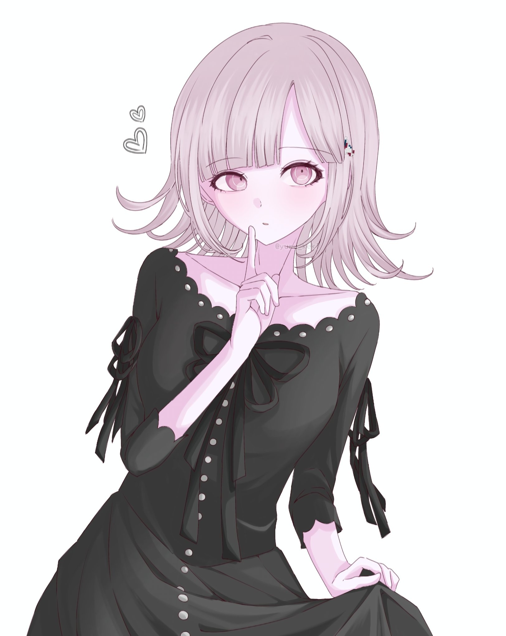 yuru keki, nanami chiaki, danganronpa (series), danganronpa 2: goodbye despair, highres, 1girl, black dress, breasts, brown hair, collarbone, cowboy shot, dress, hair ornament, hand up, heart, index finger raised, large breasts, long sleeves, looking at viewer, medium hair, official alternate costume, pink eyes, simple background, solo, white background