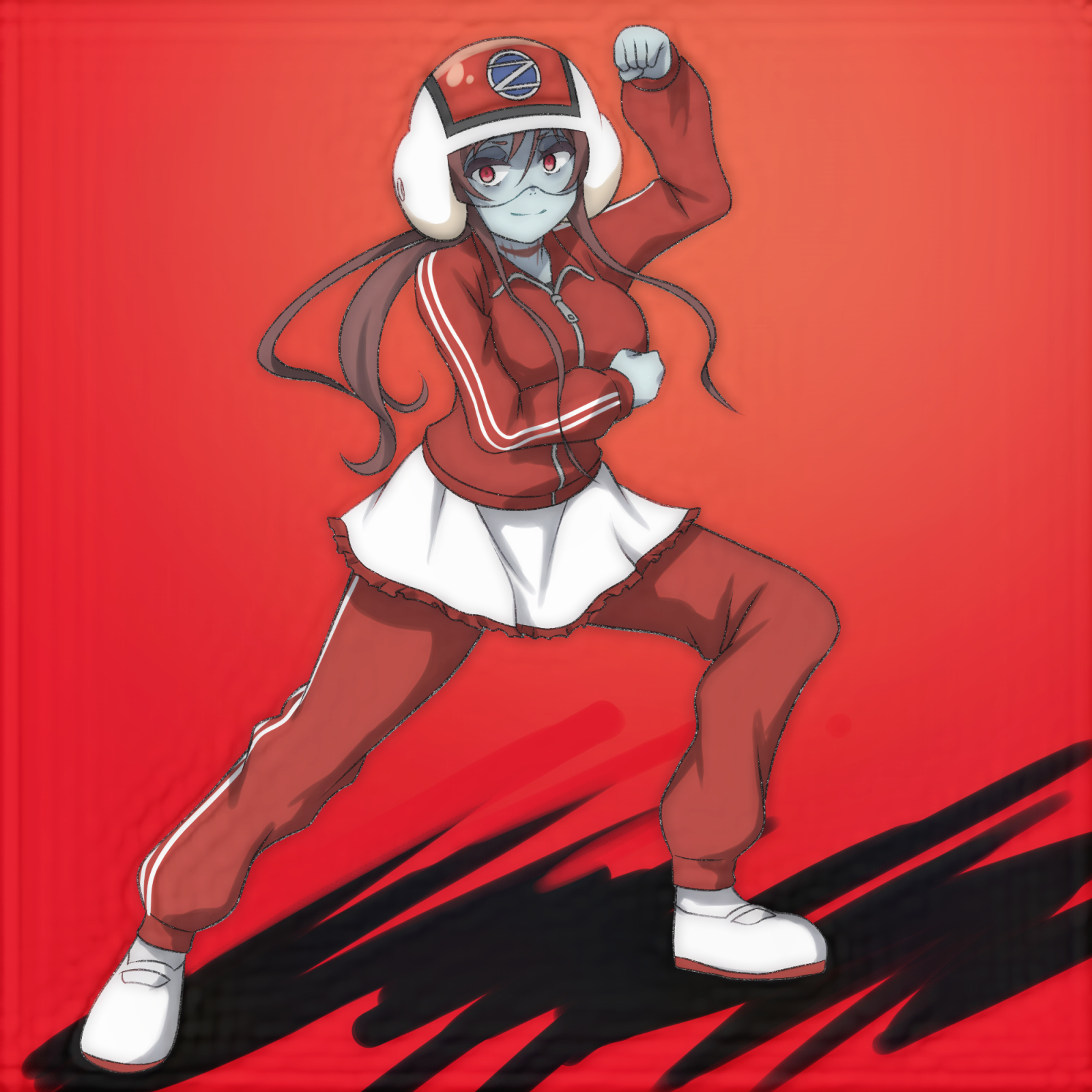 t jiroo (ringofriend), kamen rider 2, yuugiri (zombie land saga), kamen rider, kamen rider (1st series), zombie land saga, 1girl, breasts, brown hair, colored skin, grey skin, helmet, jacket, large breasts, long hair, looking at viewer, pants, ponytail, red background, red eyes, red helmet, red jacket, red pants, scar, scar on neck, shoes, skirt, smile, socks, standing, superhero costume, track jacket, track pants, track suit, uwabaki, white shoes, white skirt, white socks, zombie