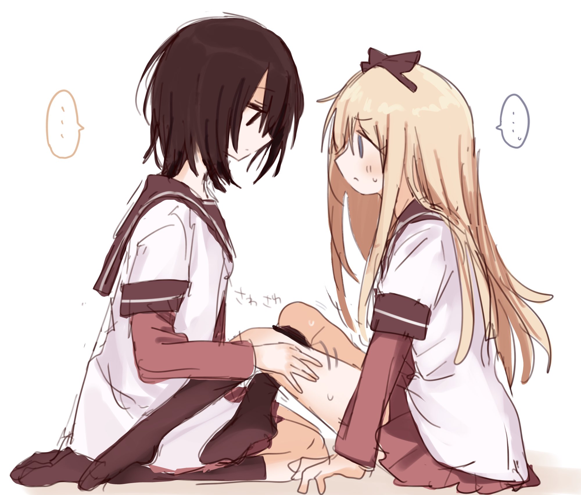 migimiya yoru, funami yui, toshinou kyouko, yuruyuri, highres, …, 2girls, black bow, black socks, blonde hair, blue eyes, blush, bow, bow hairband, brown hair, hairband, hand on another's thigh, kneehighs, layered sleeves, long hair, long sleeves, medium hair, multiple girls, nanamori school uniform, red skirt, school uniform, shirt, short over long sleeves, short sleeves, simple background, skirt, socks, spoken ellipsis, sweat, white background, white shirt, yuri