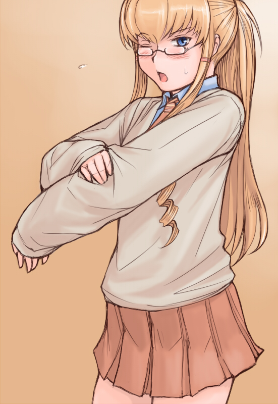 tsuda nanafushi, shinku, rozen maiden, 00s, aged up, blonde hair, blue eyes, blush, casual, glasses, long hair, necktie, one eye closed, skirt, solo, sweater, wink