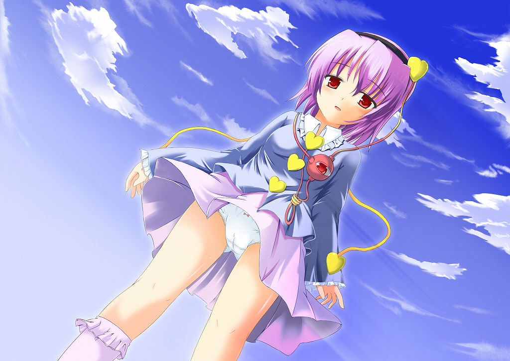komeiji satori, touhou, 1girl, clothes lift, female focus, from below, gradient background, hairband, heart, outdoors, panties, pantyshot, pink hair, red eyes, short hair, skirt, skirt lift, sky, solo, underwear, wind, wind lift