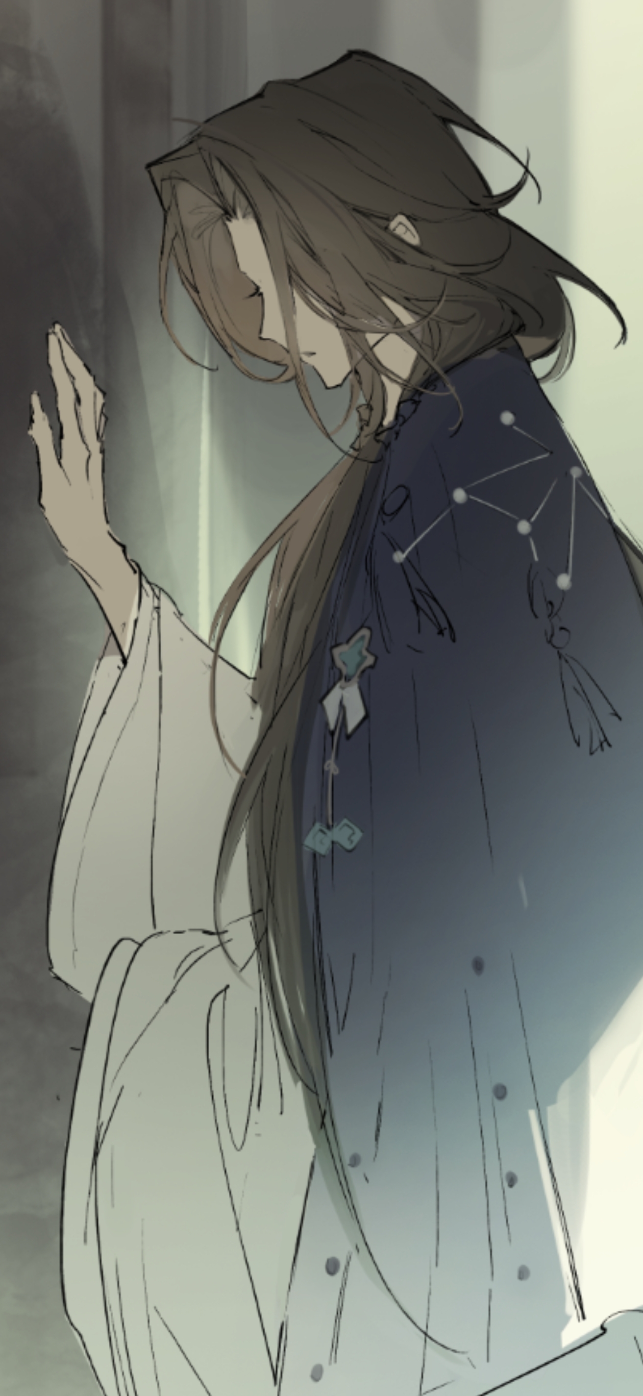 rachelee618, code: kite, absurdres, chinese commentary, highres, 1boy, blue cape, brown hair, cape, chinese clothes, constellation print, covered eyes, cowboy shot, curtained hair, from side, hair over shoulder, hand up, hanfu, long hair, long sleeves, low ponytail, male focus, parted bangs, parted lips, ponytail, profile, solo, standing, white hanfu, wide sleeves, zhou yu (code: kite)