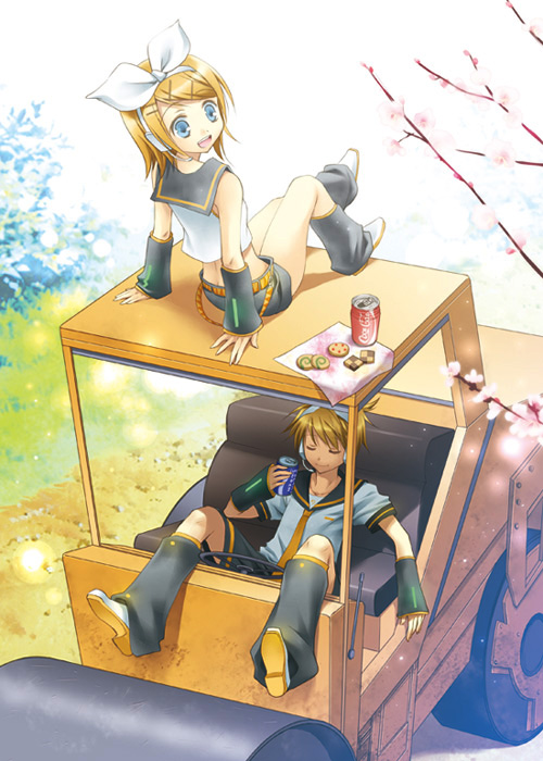 kurusugawa misako, kagamine len, kagamine rin, coca-cola, pocari sweat, vocaloid, 1boy, 1girl, arm warmers, blonde hair, blue eyes, boots, bow, brother and sister, can, cherry blossoms, closed eyes, cookie, food, hair bow, hair ornament, hair ribbon, hairclip, headphones, headset, leg warmers, looking back, lying, midriff, necktie, open mouth, outdoors, pastry, reclining, ribbon, sailor collar, school uniform, short hair, shorts, siblings, sitting, smile, steamroller, twins