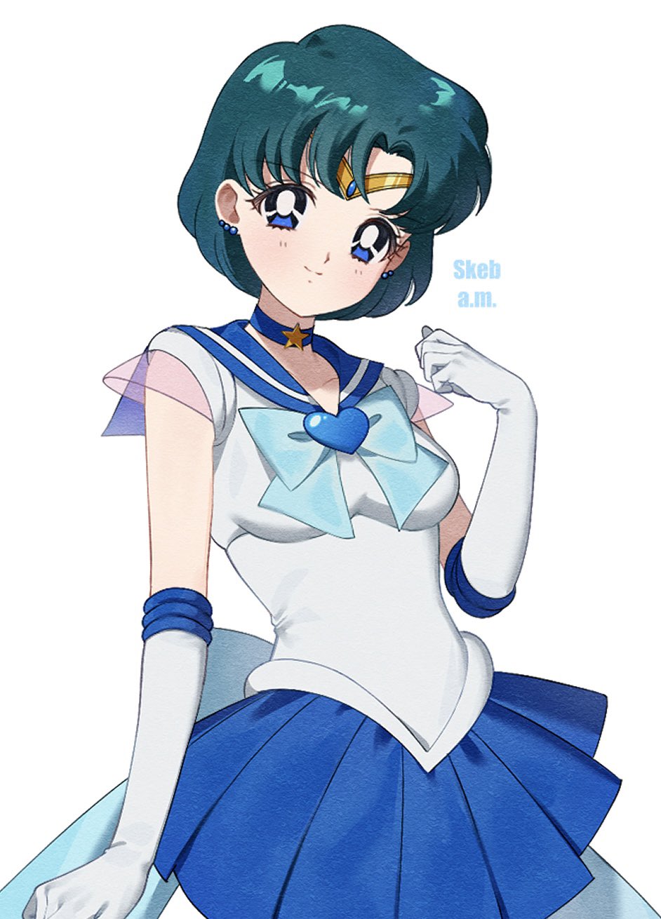 p m ame, mizuno ami, sailor mercury, bishoujo senshi sailor moon, commentary, highres, symbol-only commentary, 1girl, blue bow, blue bowtie, blue choker, blue eyes, blue hair, blue sailor collar, blue skirt, bow, bowtie, brooch, choker, closed mouth, earrings, elbow gloves, gloves, heart, heart brooch, jewelry, looking at viewer, magical girl, pleated skirt, sailor collar, sailor senshi uniform, short hair, skirt, smile, solo, star (symbol), star choker, stud earrings, white background, white gloves