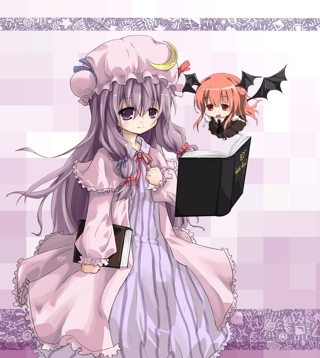 zhao shuwen, koakuma, patchouli knowledge, embodiment of scarlet devil, touhou, striped, jpeg artifacts, 2girls, book, chibi, dress, female focus, head wings, multiple girls, necktie, purple eyes, purple hair, wings