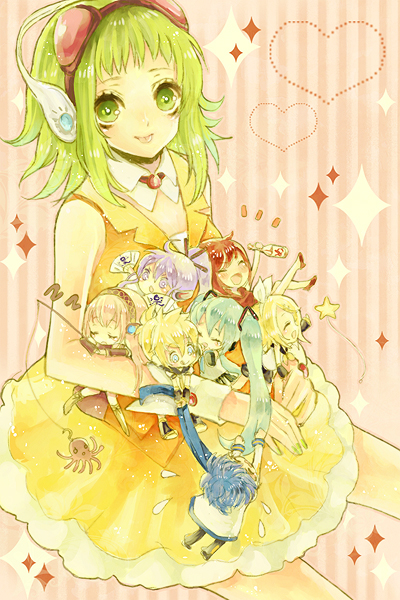 kotone ichihana, gumi, hatsune miku, kagamine len, kagamine rin, kaito (vocaloid), kamui gakupo, megurine luka, meiko (vocaloid), vocaloid, bad id, bad pixiv id, 3boys, 5girls, aqua hair, blonde hair, blue eyes, blue hair, bottle, brown hair, chibi, fishing rod, giant, giantess, goggles, green eyes, green hair, hand fan, headphones, headset, holding, holding fishing rod, long hair, mini person, miniboy, minigirl, multiple boys, multiple girls, ponytail, purple eyes, purple hair, short hair, sleeping, smile, thighhighs, tongue, twintails, wrist cuffs, zettai ryouiki