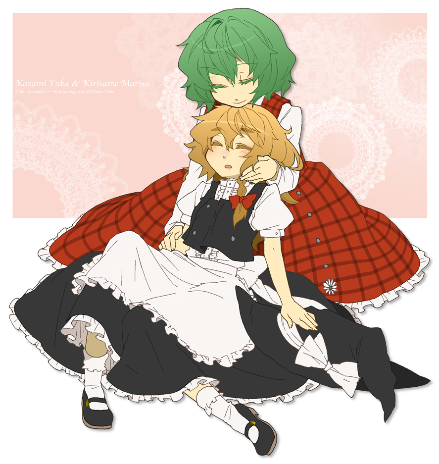 miyuu (crazy lollipop), miyuzu, kazami yuuka, kirisame marisa, phantasmagoria of flower view, touhou, bad id, bad pixiv id, 2girls, blonde hair, braid, character name, closed eyes, colored eyelashes, copyright name, female focus, green hair, hat, lap pillow, multiple girls, plaid clothes, plaid skirt, plaid vest, short hair, skirt, skirt set, sleeping, vest, witch, witch hat