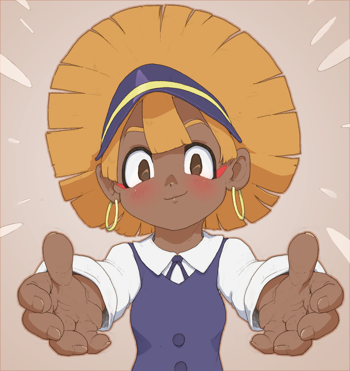 melonbook, magari isaki, wangari (little witch academia), little witch academia, commentary, commission, english commentary, 1girl, big hair, blonde hair, blush, breasts, brown eyes, buttons, collared shirt, dark-skinned female, dark skin, earrings, facial mark, fingernails, hoop earrings, hug invitation, jewelry, long sleeves, looking at viewer, luna nova school uniform, outstretched arms, school uniform, shirt, small breasts, upper body, visor cap