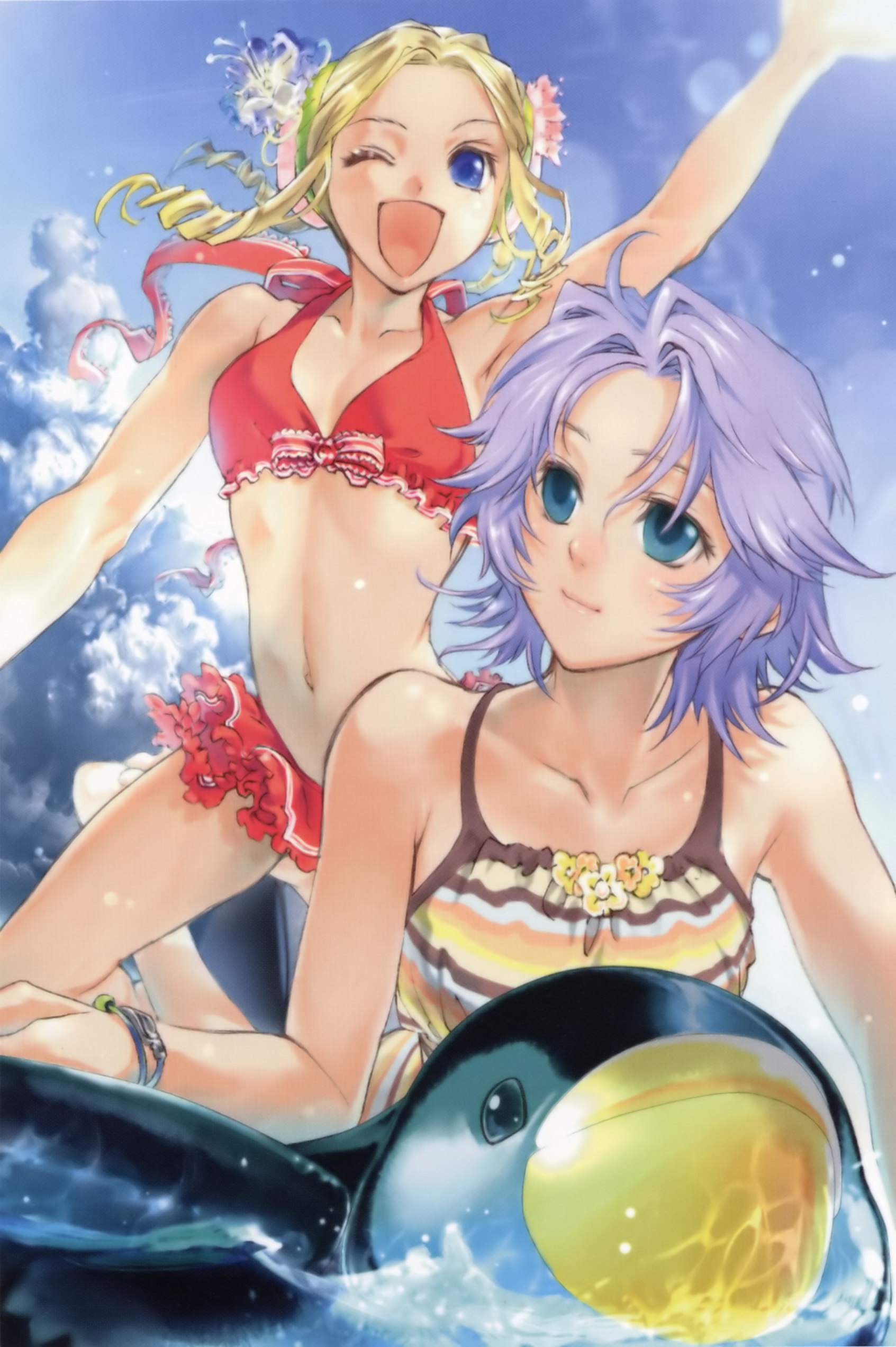 ichimura yuu, latune subbota, shine hausen, banpresto, super robot wars, super robot wars original generation, absurdres, highres, 2girls, bikini, bird, blonde hair, blue eyes, day, multiple girls, one eye closed, penguin, purple hair, short hair, swimsuit, wink