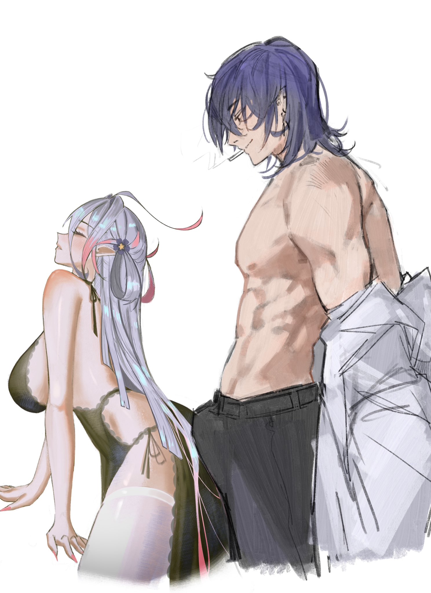 s7nsles, character request, copyright request, highres, 1boy, 1girl, babydoll, black babydoll, black pants, blue hair, breasts, bulge, closed eyes, cowboy shot, eyelashes, from side, grey hair, large breasts, long hair, open clothes, open shirt, pants, pointy ears, shirt, topless male, white shirt