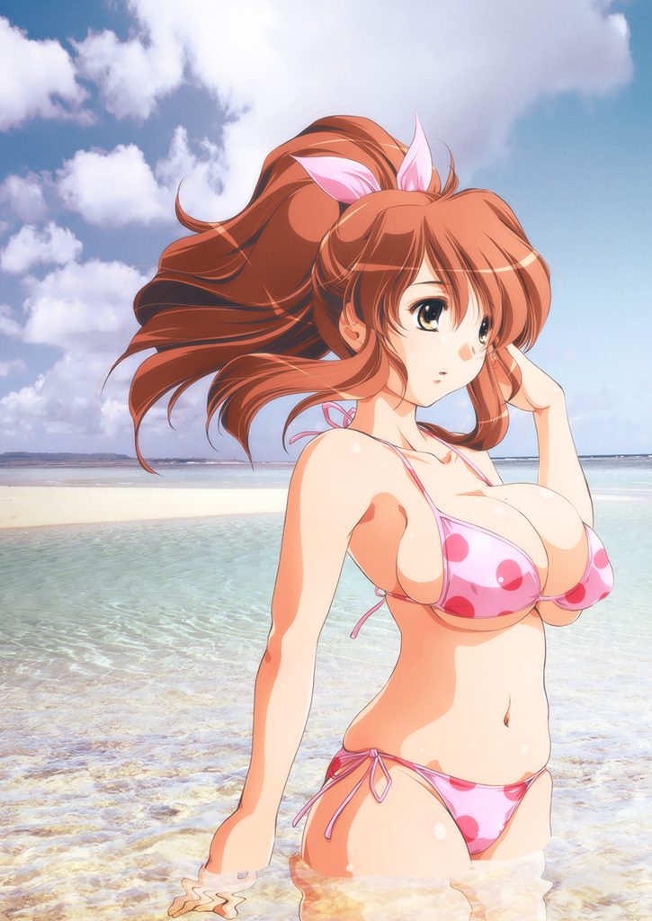 kantori, asahina mikuru, suzumiya haruhi no yuuutsu, 00s, 1girl, adjusting hair, beach, bikini, breasts, brown eyes, brown hair, bursting breasts, cleavage, cloud, day, female focus, hair ribbon, large breasts, mole, mole on breast, navel, ocean, outdoors, partially submerged, photo background, pink bikini, polka dot, polka dot bikini, polka dot swimsuit, ponytail, ribbon, side-tie bikini bottom, sideboob, skindentation, sky, solo, standing, swimsuit, underboob, wading, water, wind