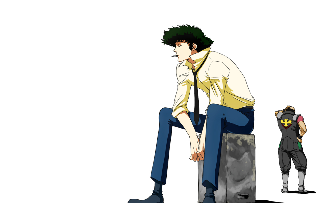 sahen, sahen (robon), jet black, spike spiegel, cowboy bebop, bad id, bad pixiv id, 1990s (style), 2boys, back, cigarette, closed eyes, male focus, multiple boys, necktie, retro artstyle, simple background, sitting, white background