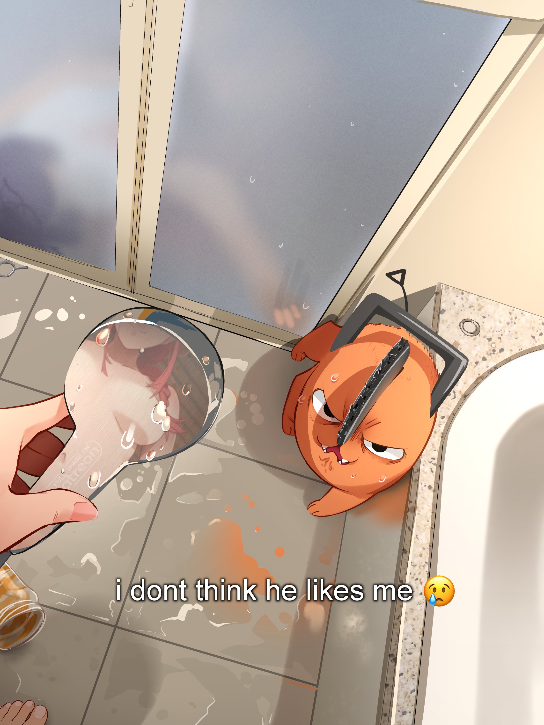 khyle., makima (chainsaw man), pochita (chainsaw man), reze (chainsaw man), chainsaw man, absurdres, highres, 2girls, bathroom, breasts, convenient censoring, emoji, english text, female pov, fingernails, grenade pin, holding, holding shower head, indoors, medium breasts, multiple girls, nude, peanut butter, pov, reflection, shower head, subtitled, water