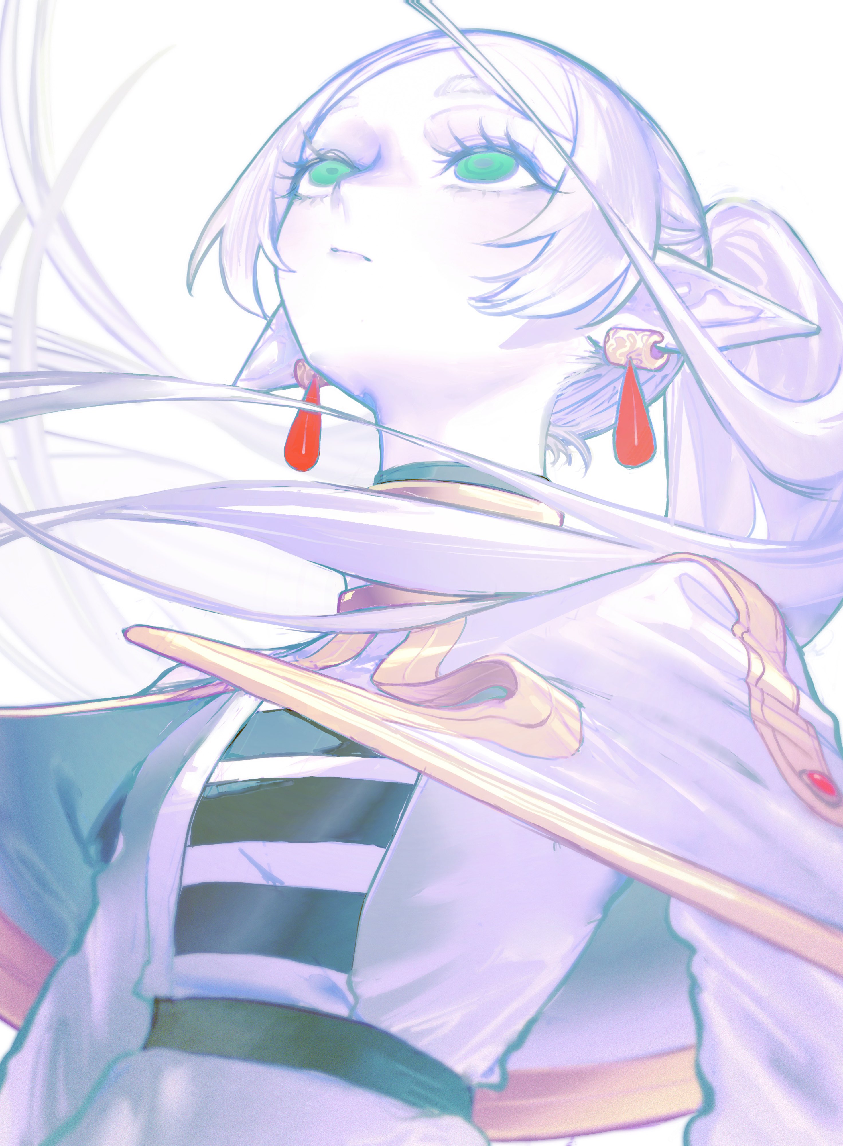 pungson mori, frieren, sousou no frieren, absurdres, highres, 1girl, capelet, earrings, elf, green eyes, grey hair, jewelry, meme, pointy ears, solo, twintails, upper body, upward angle frieren drawing (meme), white capelet