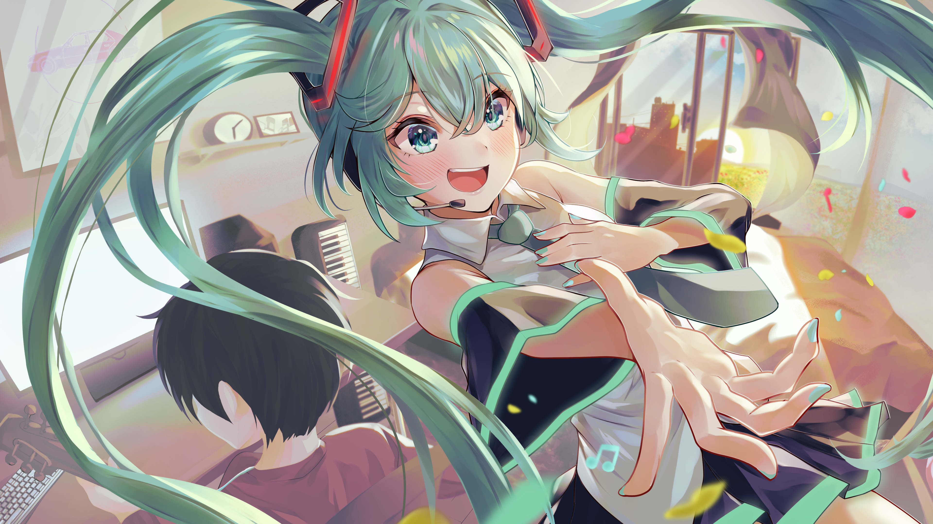 kairono3jou, hatsune miku, master (vocaloid), vocaloid, absurdres, highres, 1boy, 1girl, alarm clock, applying manicure, aqua eyes, aqua hair, aqua nails, aqua necktie, aqua trim, black hair, black skirt, black sleeves, clock, collared shirt, detached sleeves, grey shirt, hair between eyes, hair ornament, headset, indoors, long hair, long sleeves, miku day, miniskirt, nail polish, necktie, pleated skirt, shirt, short hair, skirt, sleeveless, sleeveless shirt, twintails, very long hair, wide sleeves
