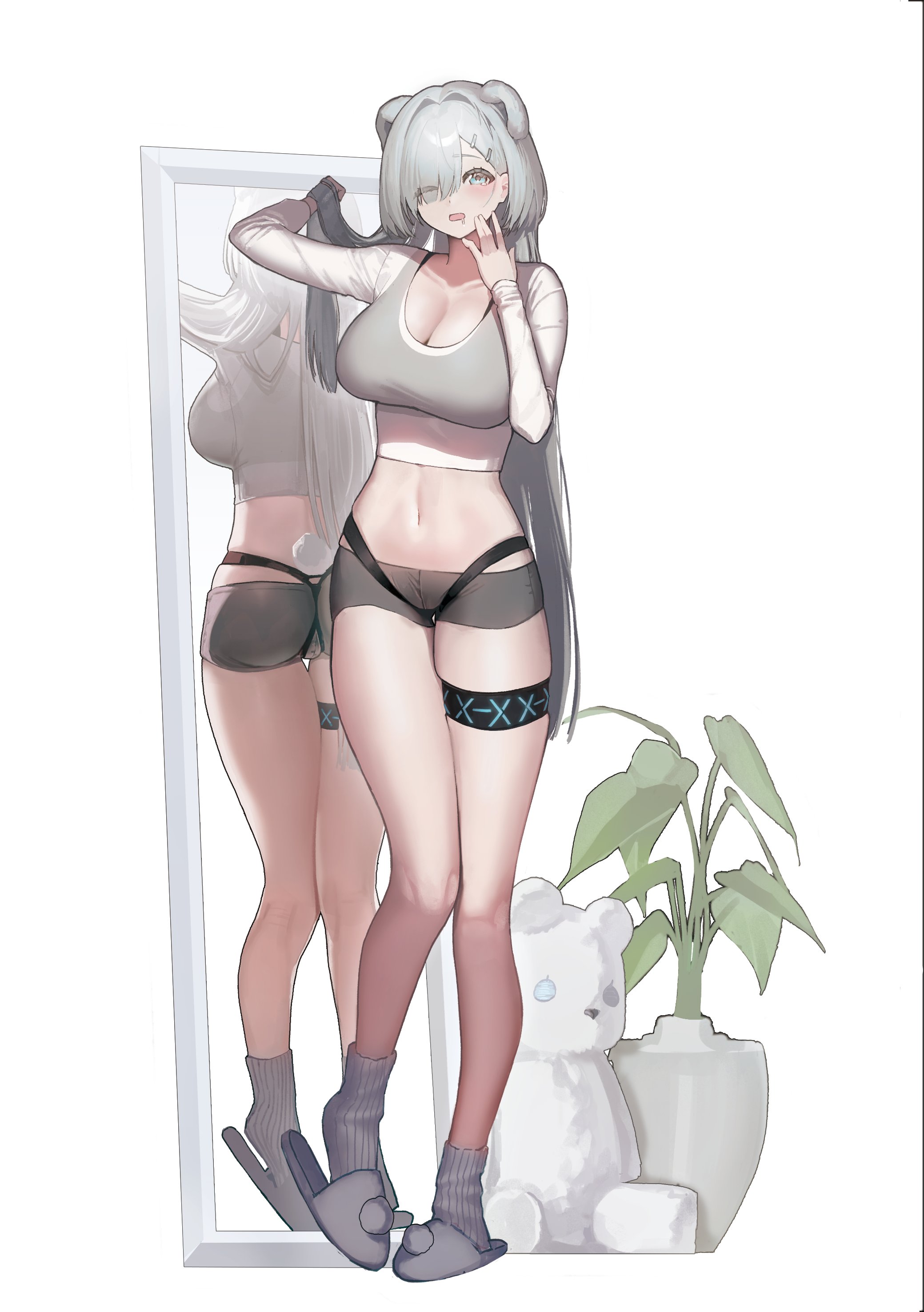 sanzuitaroh, aurora (arknights), infection monitor (arknights), arknights, absurdres, commentary, highres, 1girl, animal ears, bear ears, bear girl, bear tail, breasts, cleavage, cropped shirt, eyes visible through hair, full-length mirror, full body, grey eyes, grey hair, grey shirt, grey shorts, grey slippers, grey socks, hair over one eye, hand to own mouth, large breasts, long hair, long sleeves, micro shorts, mirror, navel, one eye closed, open mouth, plant, potted plant, reflection, shirt, shorts, simple background, slippers, socks, solo, standing, stomach, stuffed animal, stuffed toy, tail, teddy bear, thigh strap, white background, yawning
