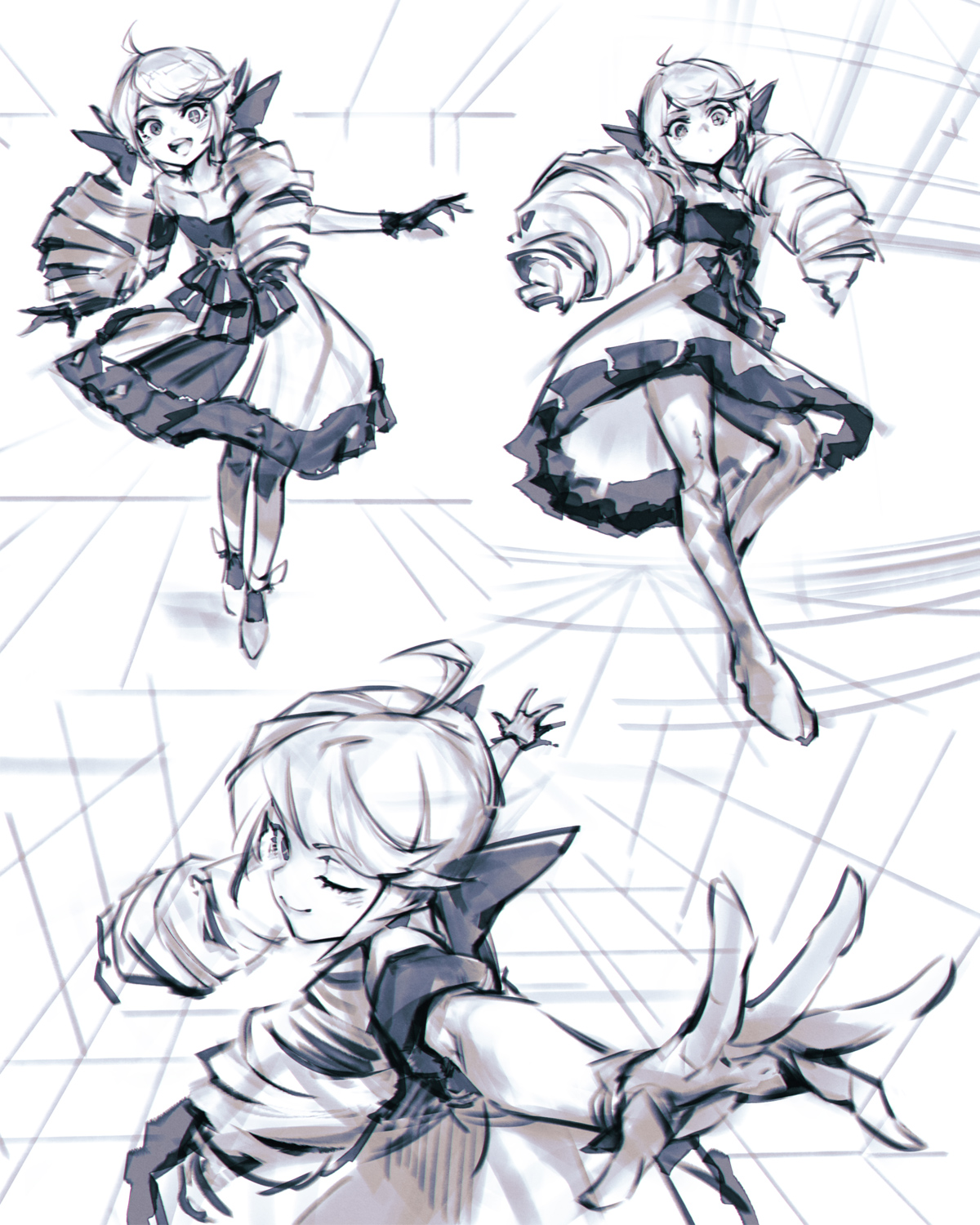 phantom ix row, gwen (league of legends), league of legends, highres, 1girl, :d, ;), ahoge, bow, collarbone, dress, drill hair, flat chest, from side, gloves, greyscale, hair bow, long hair, monochrome, multiple views, one eye closed, open mouth, pantyhose, shoes, smile, socks, twin drills, twintails