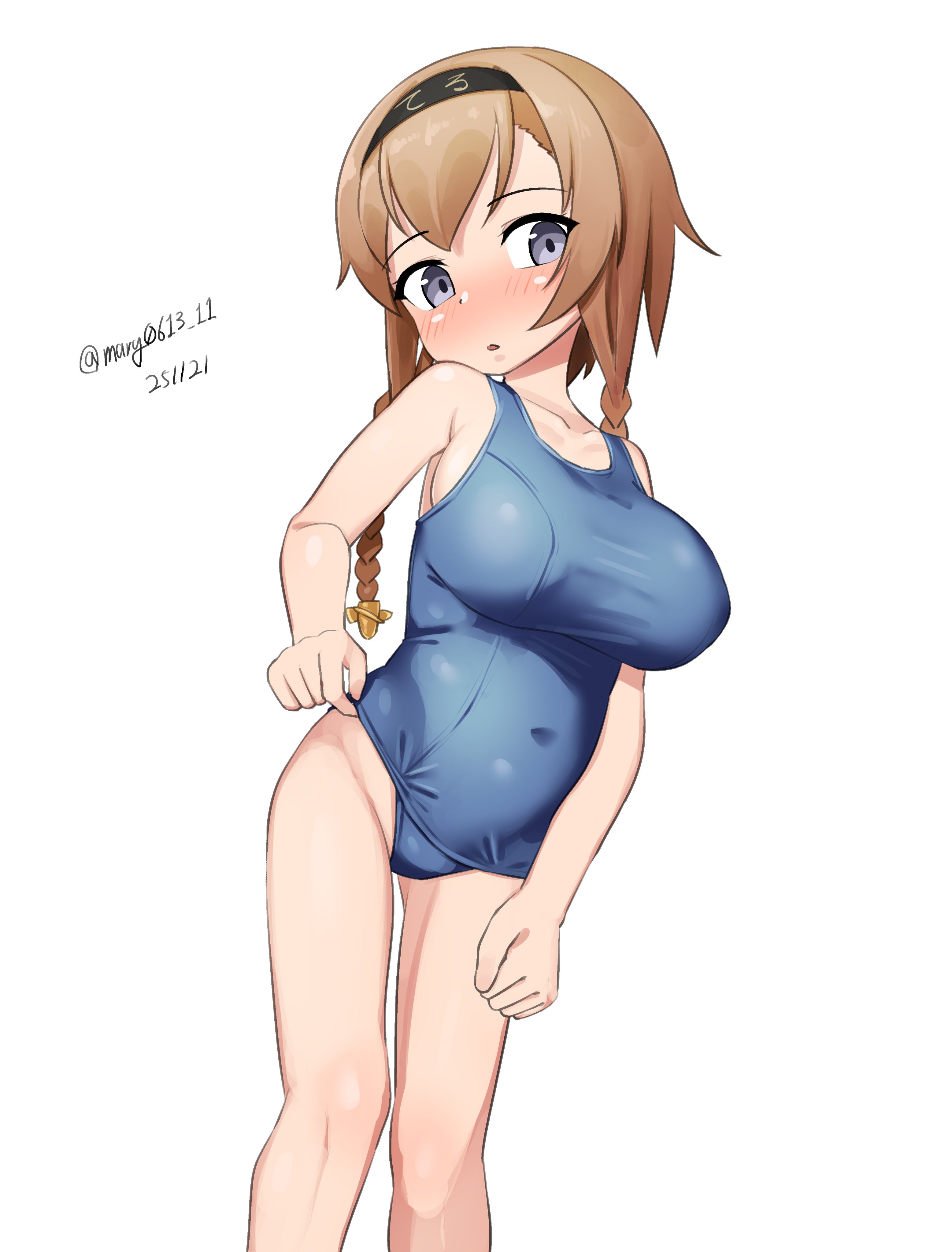 maru (marg0613), teruzuki (kancolle), kantai collection, absurdres, highres, 1girl, black hairband, blue one-piece swimsuit, braid, breasts, brown hair, covered navel, dated, feet out of frame, grey eyes, hair ornament, hairband, large breasts, long hair, looking at viewer, old school swimsuit, one-hour drawing challenge, one-piece swimsuit, propeller hair ornament, school swimsuit, simple background, solo, swimsuit, twin braids, twitter username, white background