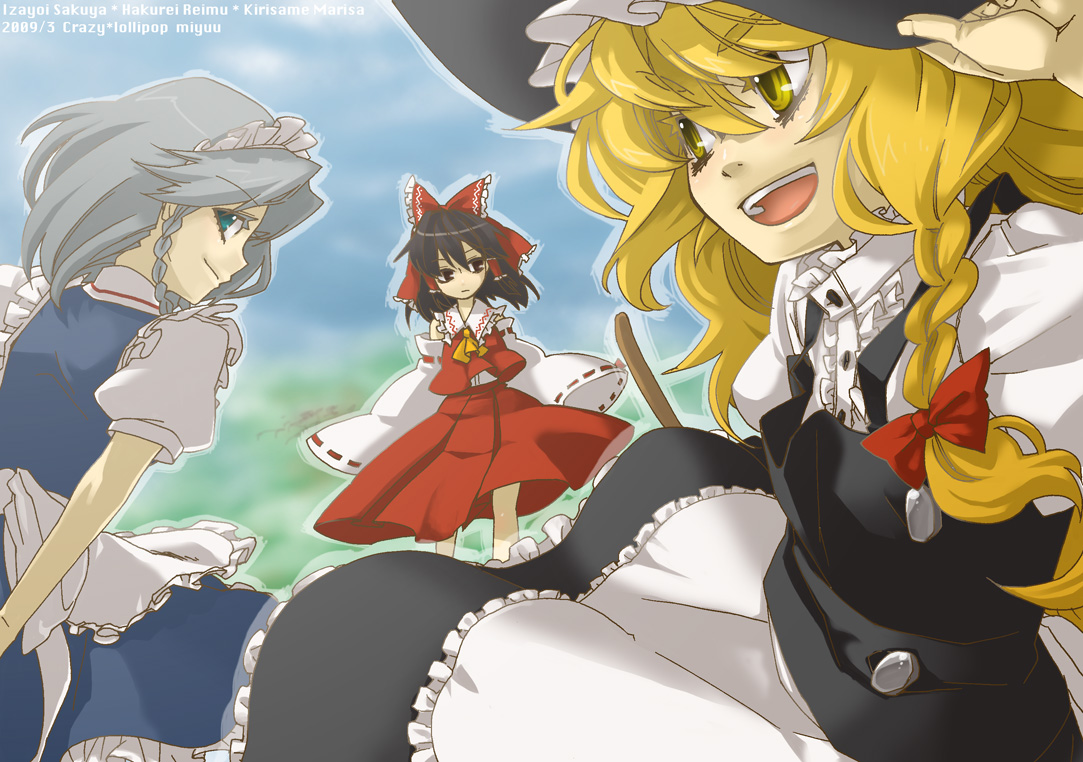 miyuu (crazy lollipop), miyuzu, hakurei reimu, izayoi sakuya, kirisame marisa, touhou, silver hair, bad id, bad pixiv id, 3girls, black eyes, black hair, blonde hair, blue eyes, bow, braid, detached sleeves, female focus, hat, japanese clothes, maid headdress, miko, multiple girls, short hair, twin braids, witch, witch hat, yellow eyes