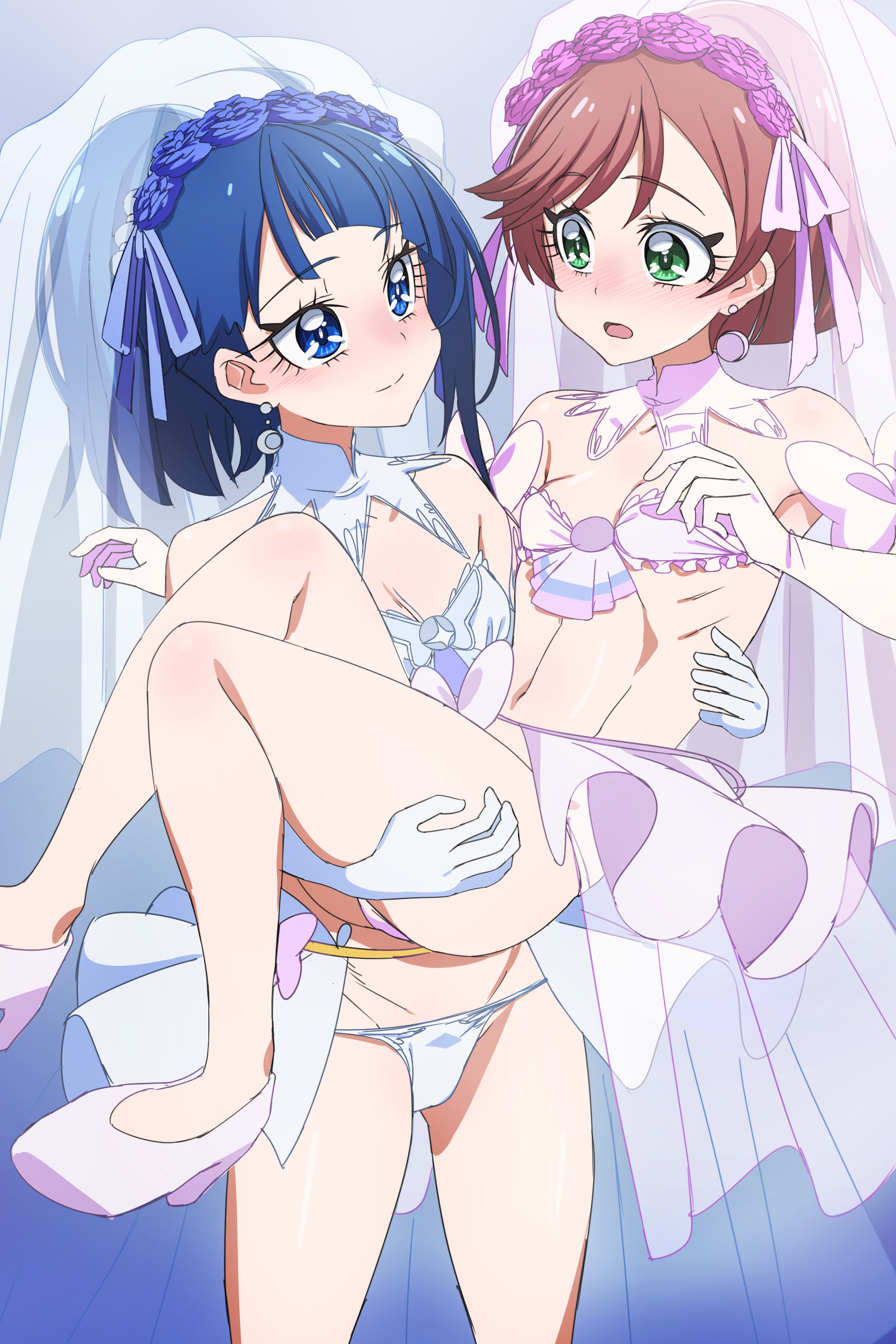 oimanji, nijigaoka mashiro, sora harewataru, hirogaru sky! precure, precure, absurdres, commentary request, highres, 2girls, bikini, blue background, blue eyes, blue hair, blush, breasts, bridal bikini, bridal veil, carrying, closed mouth, earrings, elbow gloves, eye contact, gloves, green eyes, high heels, jewelry, long hair, looking at another, multiple girls, open mouth, orange hair, pink shoes, princess carry, ribs, shoes, showgirl skirt, small breasts, smile, stomach, swimsuit, veil, white bikini, white gloves, wife and wife, yuri