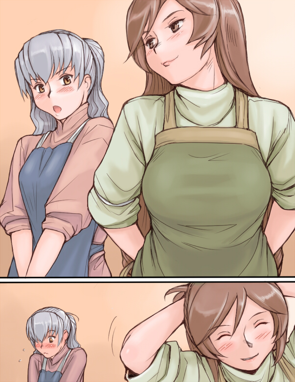 tsuda nanafushi, barasuishou, suiseiseki, rozen maiden, silver hair, 00s, 2girls, aged up, apron, blush, breasts, brown eyes, brown hair, large breasts, long hair, multiple girls, sleeves rolled up, smile