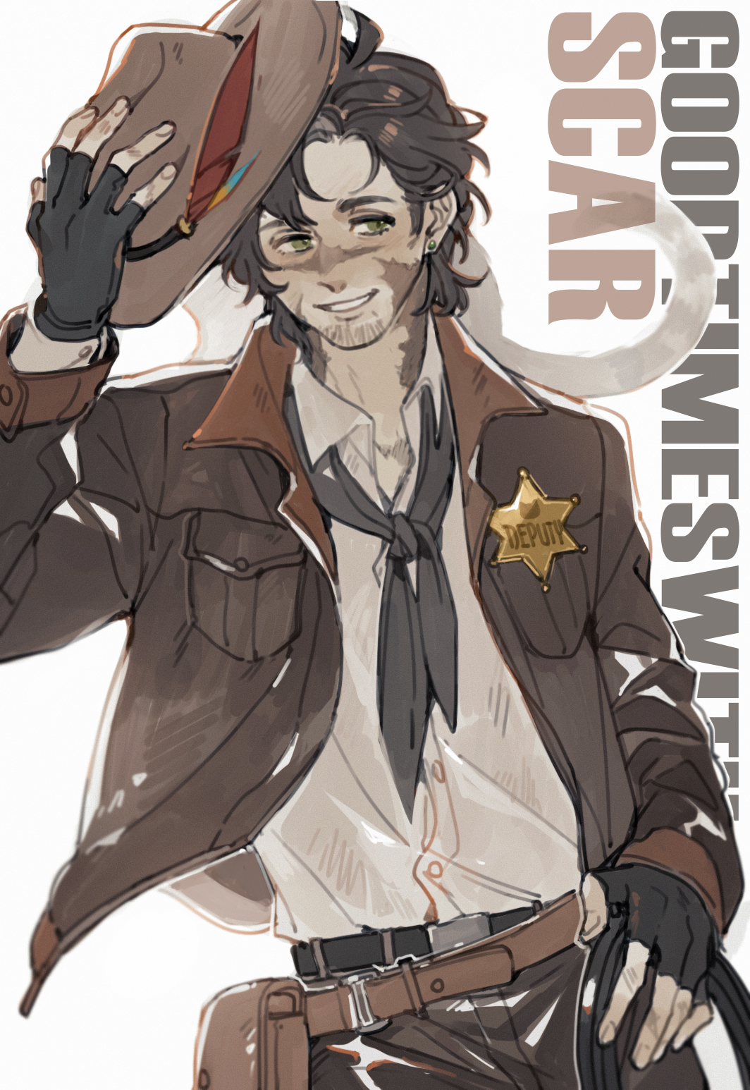 luminous slime, goodtimeswithscar, jellie (hermitcraft), hermitcraft, minecraft youtube, commentary, english commentary, highres, 1boy, animification, belt, brown hair, brown jacket, cat, character name, cowboy, cowboy shot, cowboy western, green eyes, hat, jacket, male focus, official alternate costume, open clothes, open jacket, scar, sheriff (western), shirt, short hair, simple background, solo, western, white background, white shirt