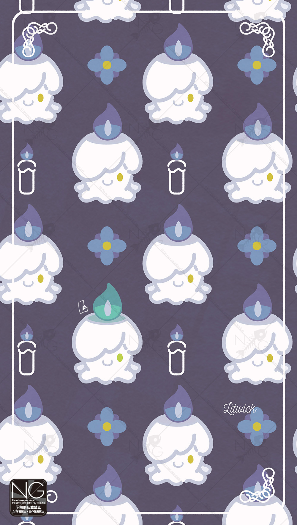 meme (sleepsheep), litwick, nintendo, pokemon, commentary, highres, symbol-only commentary, alternate color, candle, closed mouth, fire, flower, gen 5 pokemon, green eyes, looking at viewer, no humans, pokemon (creature), pokemon focus, purple fire, shiny pokemon, smile, yellow eyes