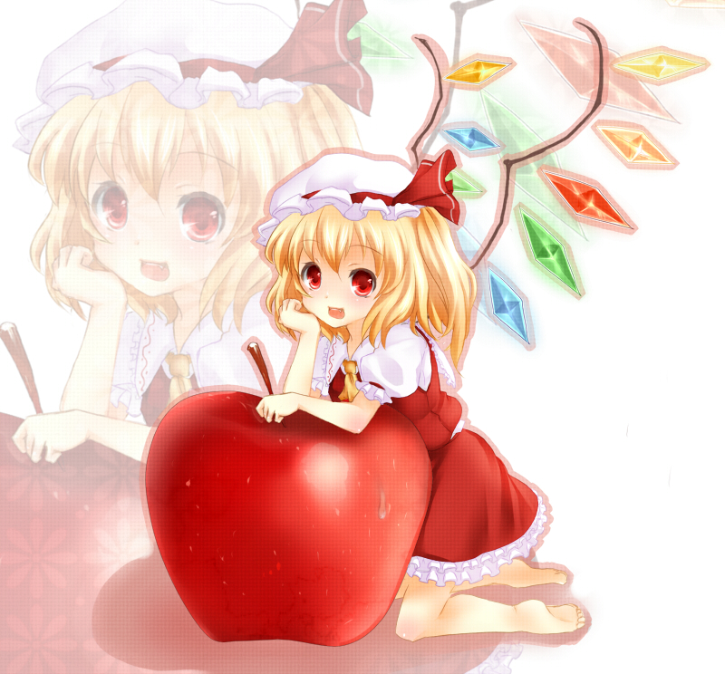 rai (rai-s), flandre scarlet, embodiment of scarlet devil, touhou, 1girl, :d, apple, barefoot, blonde hair, elbow rest, female focus, food, fruit, hat, hat ribbon, head rest, open mouth, ponytail, red eyes, ribbon, short hair, side ponytail, smile, solo, wings, zoom layer