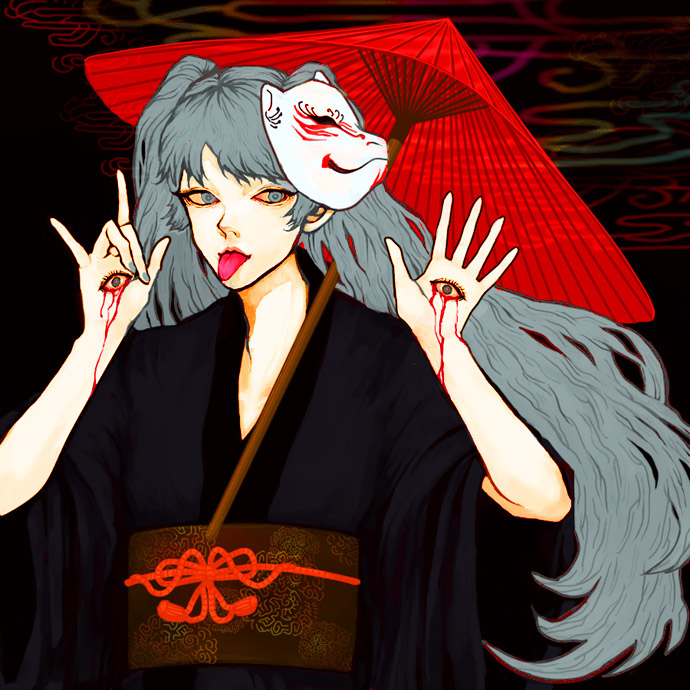 ohreo, hatsune miku, musunde hiraite rasetsu to mukuro (vocaloid), vocaloid, 1girl, m/, blood, blue eyes, blue hair, eye focus, female focus, fox mask, hand eye, japanese clothes, kimono, long hair, mask, matching hair/eyes, oil-paper umbrella, solo, tongue, twintails, umbrella, yukata