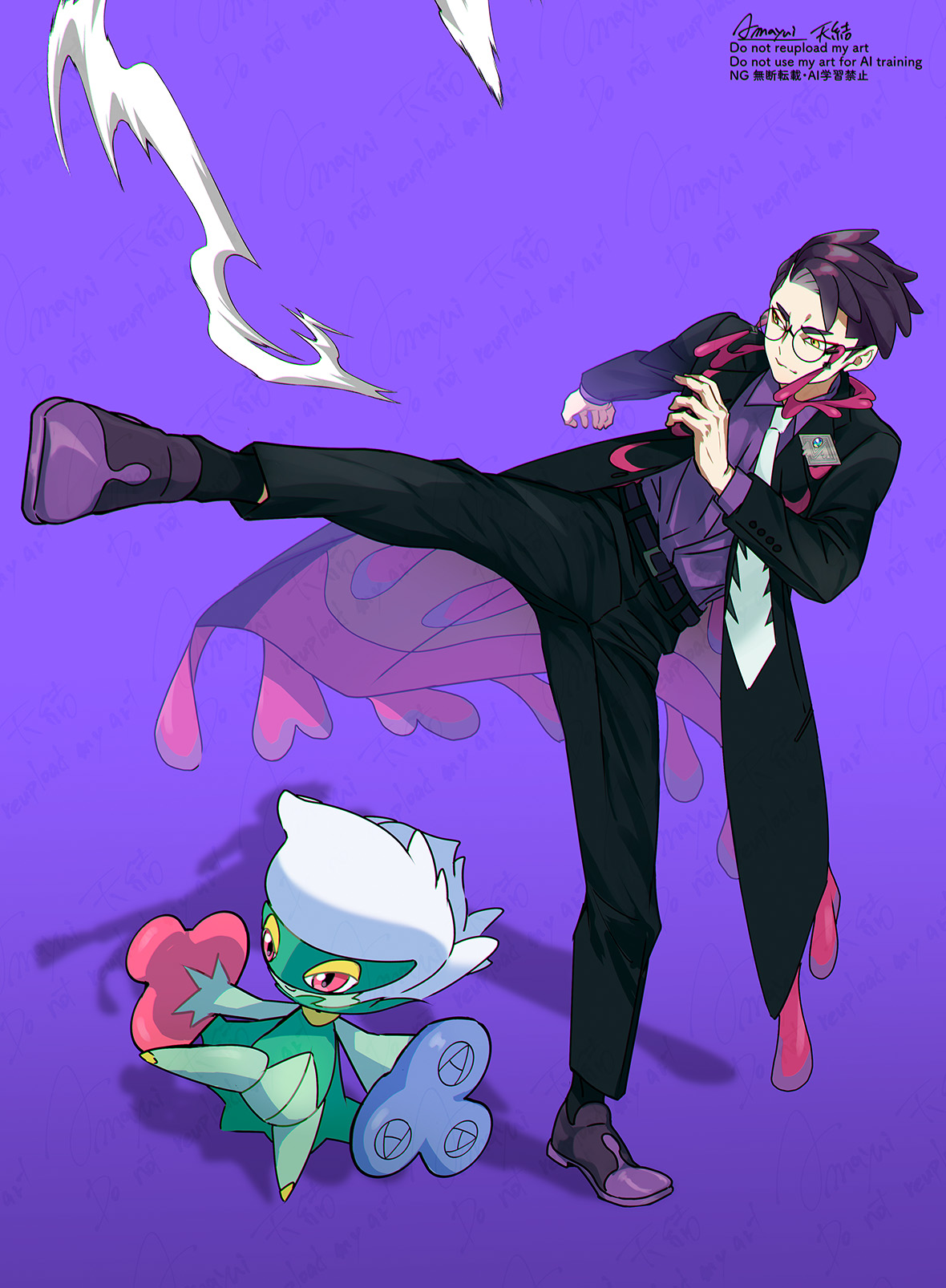 mitsuha (bless blessing), corbeau (pokemon), roserade, nintendo, pokemon, pokemon legends: z-a, highres, 1boy, black-framed eyewear, black hair, black jacket, black pants, blue flower, blue rose, closed mouth, collared shirt, eyewear strap, flower, gen 4 pokemon, glasses, jacket, kicking, long sleeves, mega stone, necktie, open clothes, open jacket, pants, parted hair, pokemon (creature), purple hair, purple shirt, red eyes, red flower, rose, round eyewear, shirt, short hair, short sideburns, standing, standing on one leg, undercut, white necktie, yellow eyes