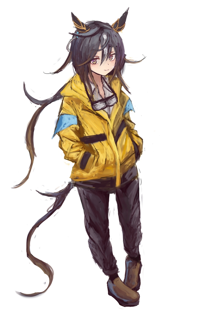yanagi wakana, stay gold (umamusume), umamusume, 1girl, animal ears, black hair, black pants, black socks, blush, brown eyes, closed mouth, coat, collared shirt, ear covers, goggles, goggles around neck, gradient eyes, hair between eyes, hands in pockets, horse ears, horse girl, horse tail, jacket, long hair, looking at viewer, multicolored eyes, multicolored hair, pants, purple eyes, shirt, shoes, simple background, smile, socks, solo, streaked hair, tail, white background, white hair, white shirt, yellow coat, yellow jacket