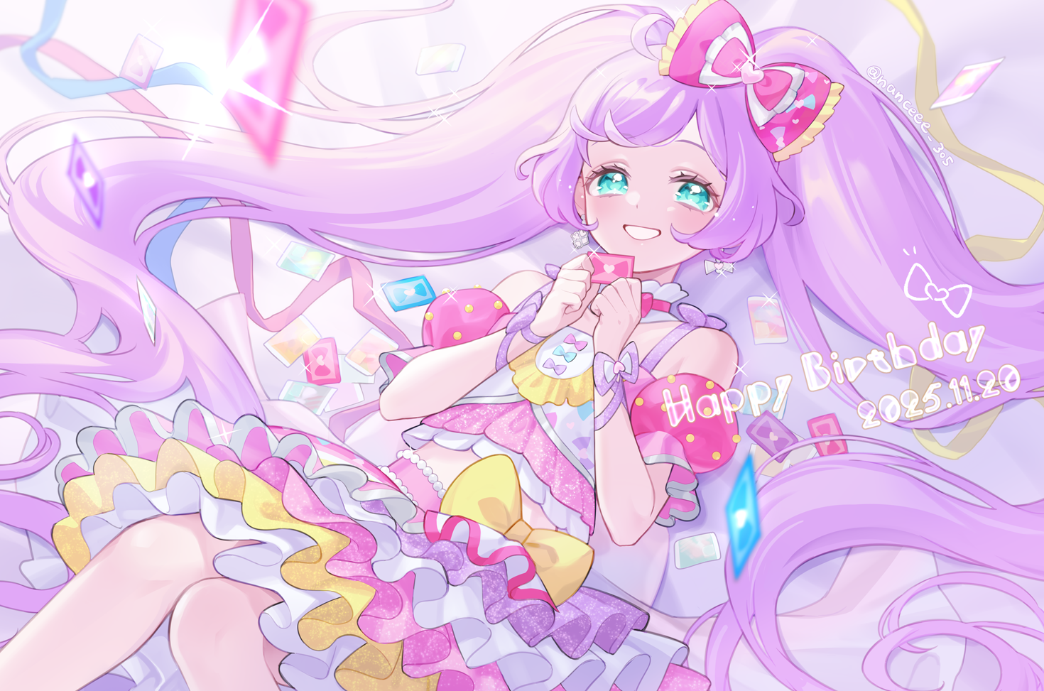 nanceee 305, manaka laala, pretty series, pripara, commentary request, 1girl, bare shoulders, bow, card, cropped shirt, dated, detached sleeves, dot nose, frilled bow, frills, green eyes, grin, hair bow, half-closed eyes, hands up, happy birthday, holding, holding card, idol, idol clothes, knees together feet apart, layered skirt, light blush, long hair, looking at viewer, lying, midriff, on back, pink bow, pink skirt, pink sleeves, puffy short sleeves, puffy sleeves, purple bow, purple hair, purple ribbon, ribbon, shirt, short sleeves, skirt, sleeveless, sleeveless shirt, smile, solo, sparkle, straight hair, very long hair, white skirt, wrist bow, wrist ribbon, yellow skirt