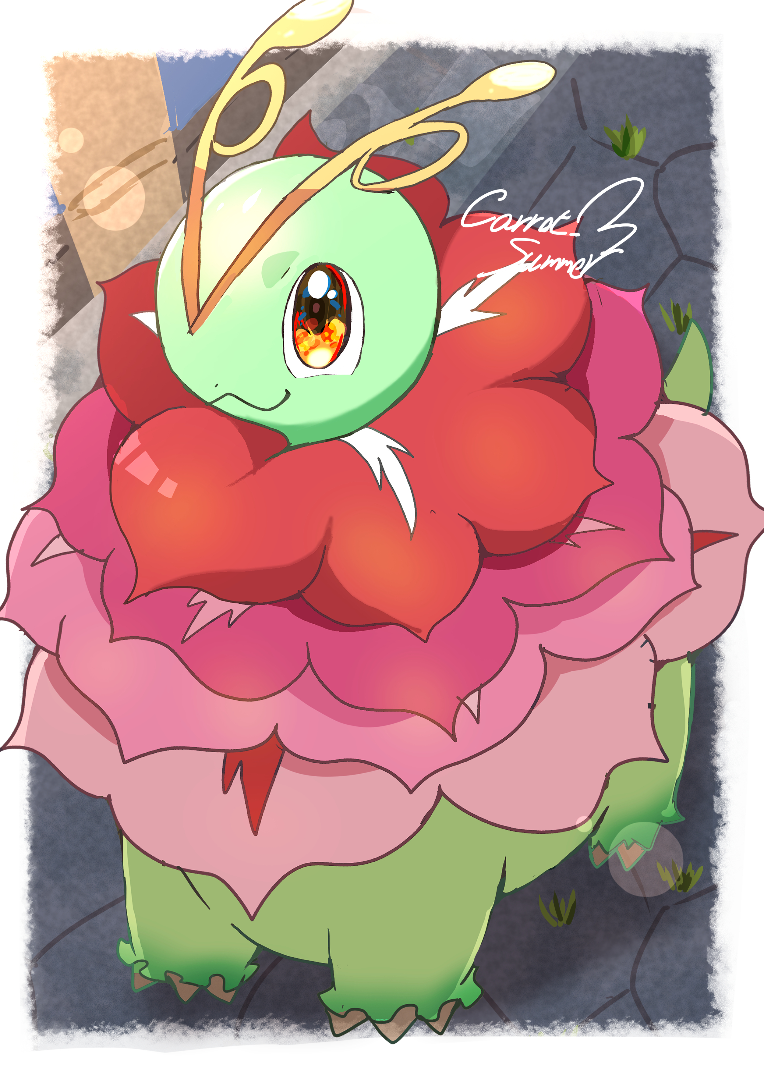 carrot summer, mega meganium, meganium, nintendo, pokemon, pokemon legends: z-a, absurdres, highres, antennae, brown eyes, claws, closed mouth, colored skin, flower, gen 2 pokemon, green skin, long neck, mega pokemon, no humans, pokemon (creature), pokemon focus, red eyes, sauropod, smile, solo, tail