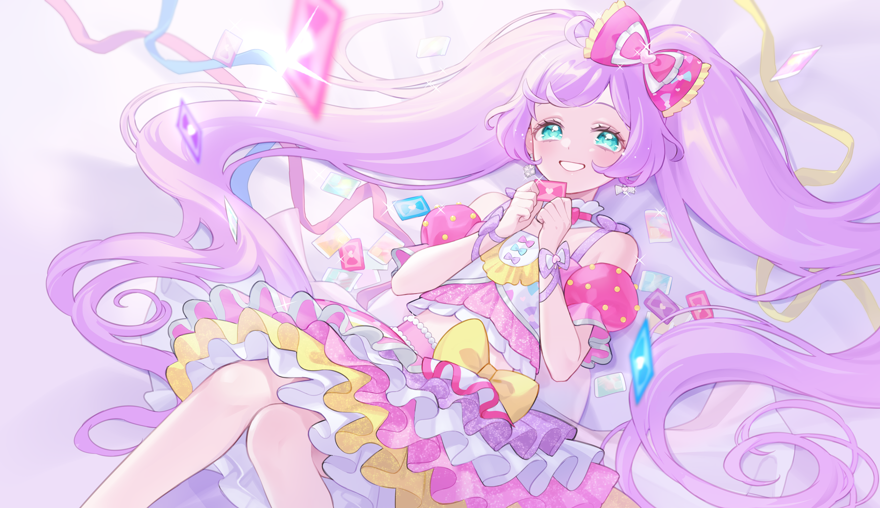 nanceee 305, manaka laala, pretty series, pripara, commentary request, highres, textless version, 1girl, bare shoulders, bow, card, cropped shirt, dated, detached sleeves, dot nose, frilled bow, frills, green eyes, grin, hair bow, half-closed eyes, hands up, holding, holding card, idol, idol clothes, knees together feet apart, layered skirt, light blush, long hair, looking at viewer, lying, midriff, on back, pink bow, pink skirt, pink sleeves, puffy short sleeves, puffy sleeves, purple bow, purple hair, purple ribbon, ribbon, shirt, short sleeves, skirt, sleeveless, sleeveless shirt, smile, solo, sparkle, straight hair, very long hair, white skirt, wrist bow, wrist ribbon, yellow skirt