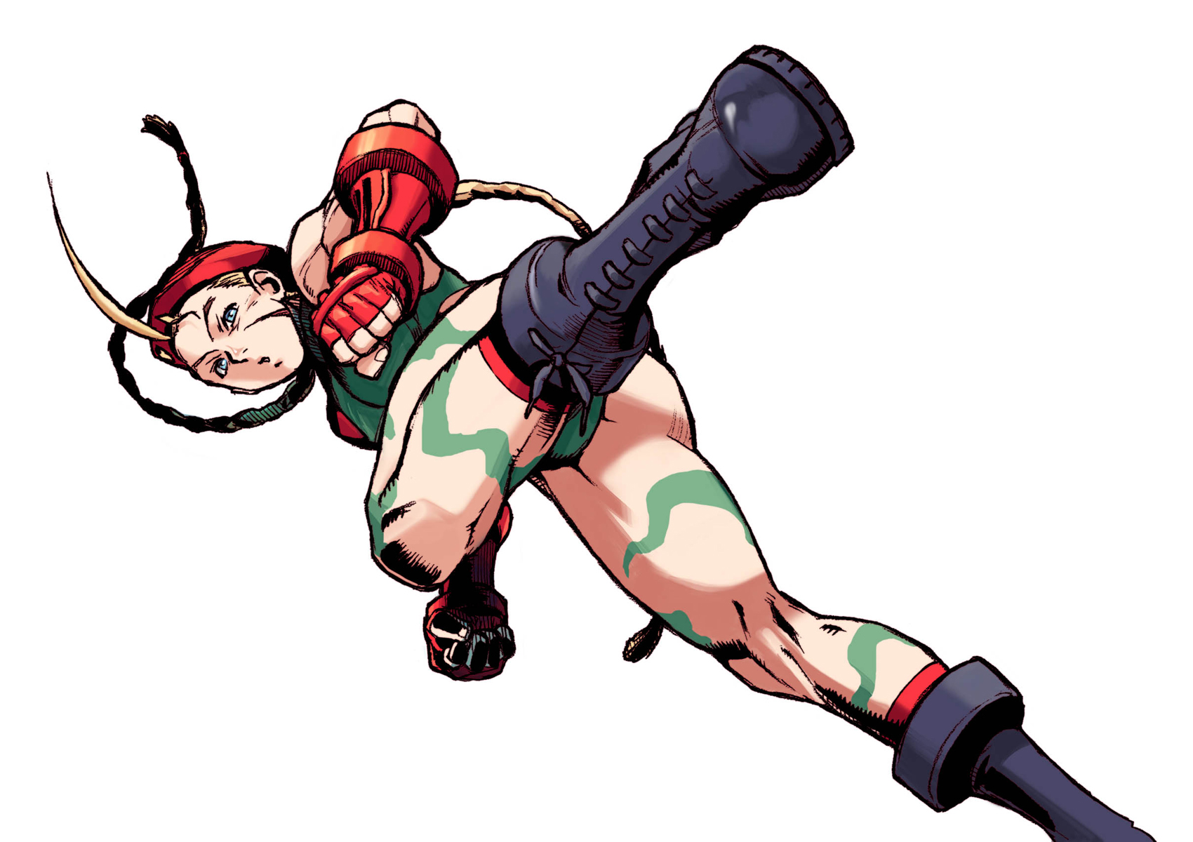 edaki shin'ya, cammy white, capcom, street fighter, highres, official art, 1girl, ahoge, antenna hair, ass, beret, blonde hair, blue eyes, boots, braid, camouflage, combat boots, female focus, fingerless gloves, gloves, hat, leotard, long hair, scar, solo, toned, toned female, twin braids