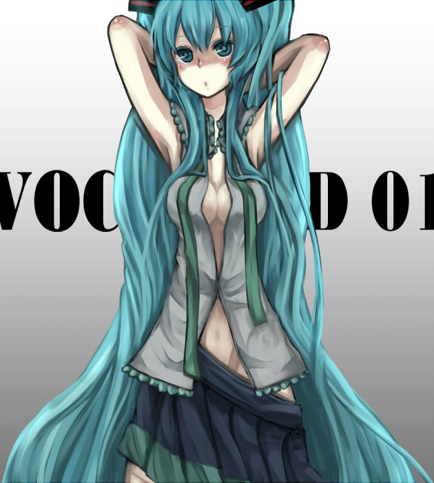 mugi (twinbox), hatsune miku, vocaloid, bad id, bad pixiv id, 1girl, aqua eyes, aqua hair, armpits, arms behind head, arms up, breasts, cleavage, female focus, gradient background, long hair, medium breasts, necktie, skirt, solo, twintails, very long hair