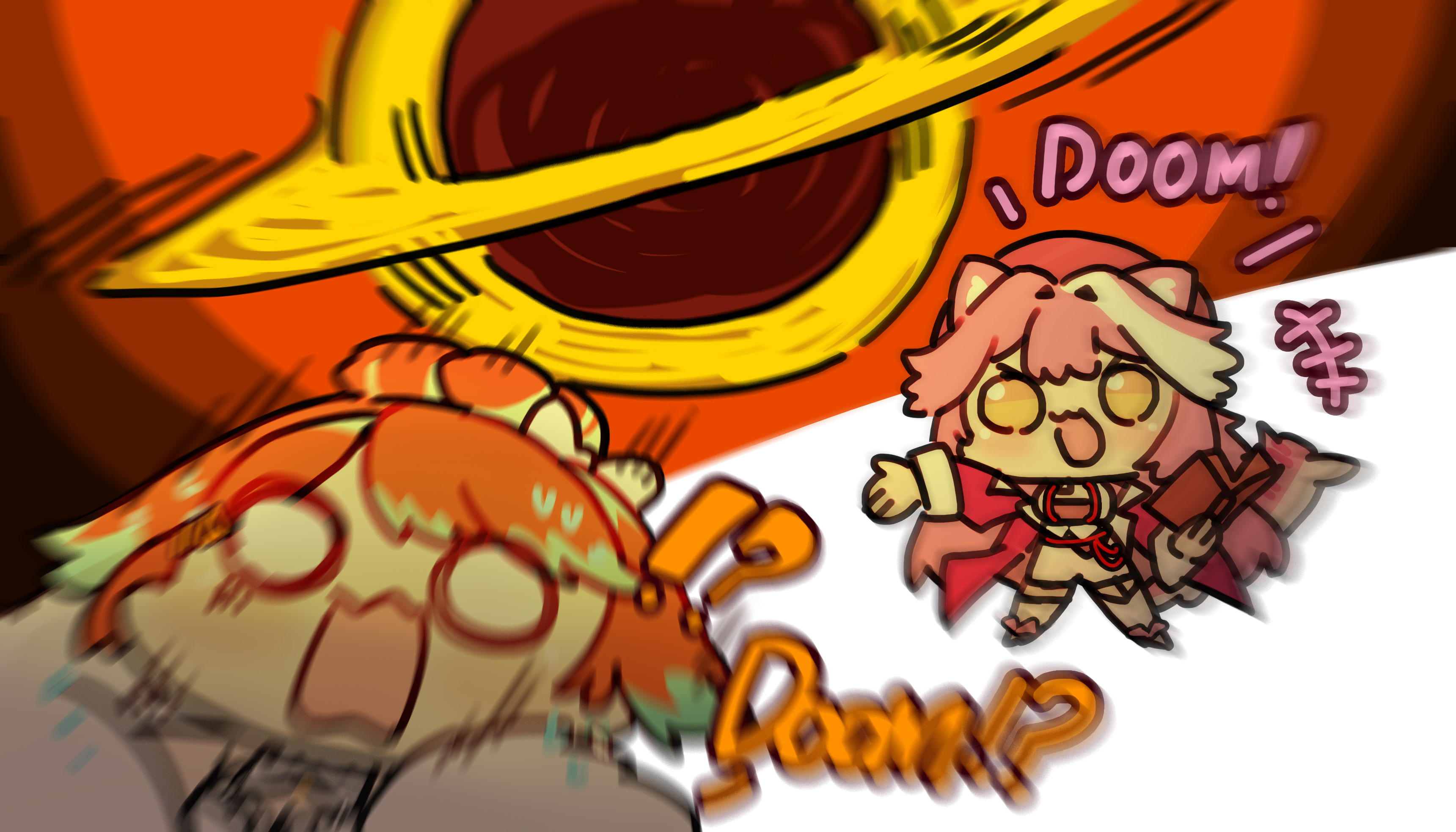 gooster, raora panthera, takanashi kiara, hololive, hololive english, absurdres, highres, animal ears, black hole, breasts, chibi, long hair, mage arena, multicolored hair, multiple girls, orange hair, pink hair, virtual youtuber, yellow eyes