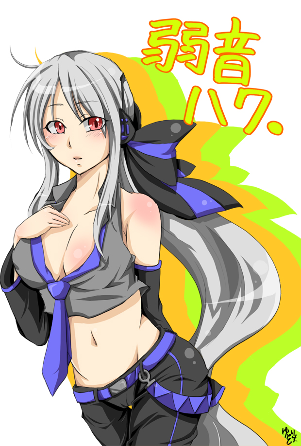 yowane haku, vocaloid, silver hair, 1girl, ahoge, belt, blouse, blush, breasts, cleavage, detached sleeves, female focus, grey shirt, headphones, large breasts, long hair, midriff, navel, necktie, ponytail, red eyes, shirt, solo