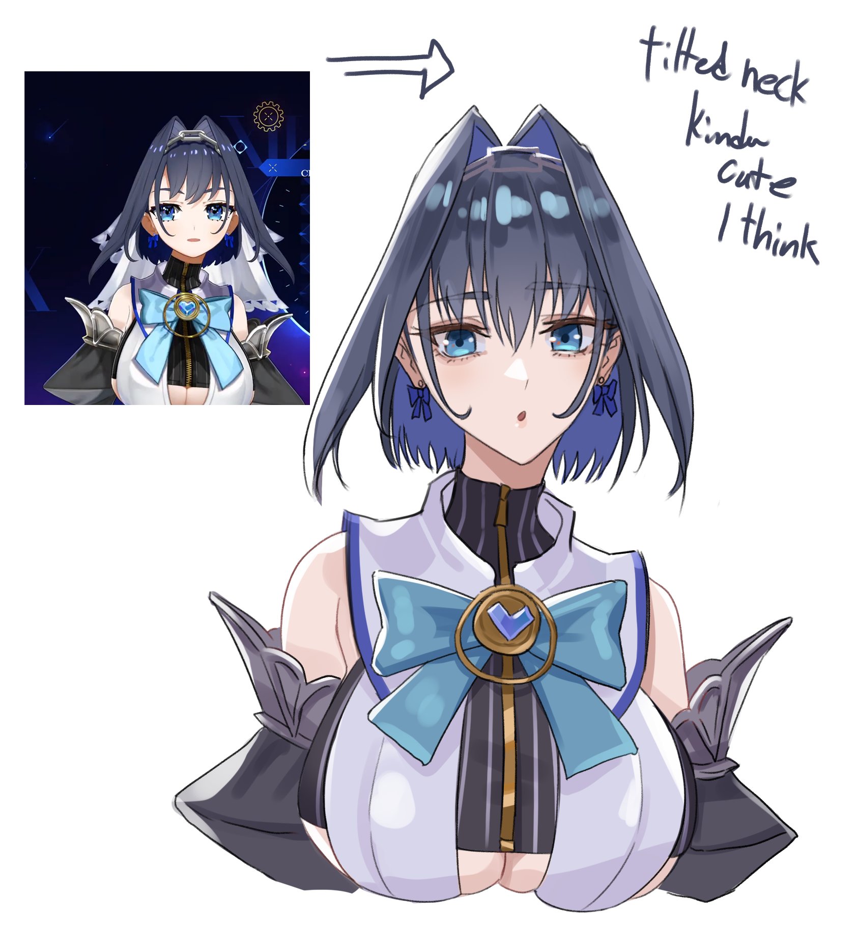 zenya, ouro kronii, hololive, hololive english, highres, 1girl, black hair, blue eyes, blue hair, breasts, english text, hair intakes, large breasts, long hair, looking at viewer, multicolored hair, scene reference, solo, virtual youtuber